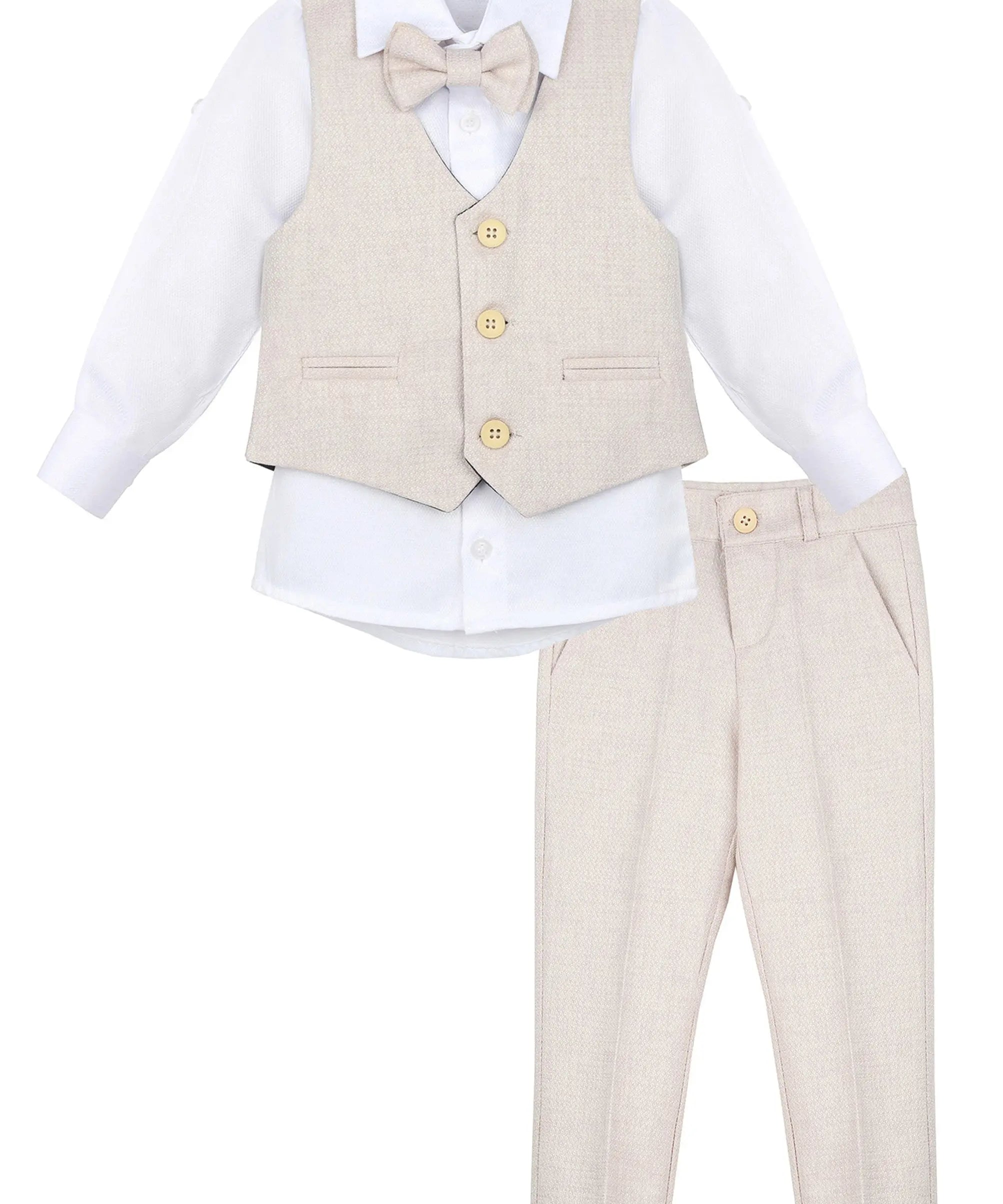 Boys 4 piece tuxedo suit with shirt, pants, vest and bow tie; perfect for baby boy clothes & christmas gift ideas  