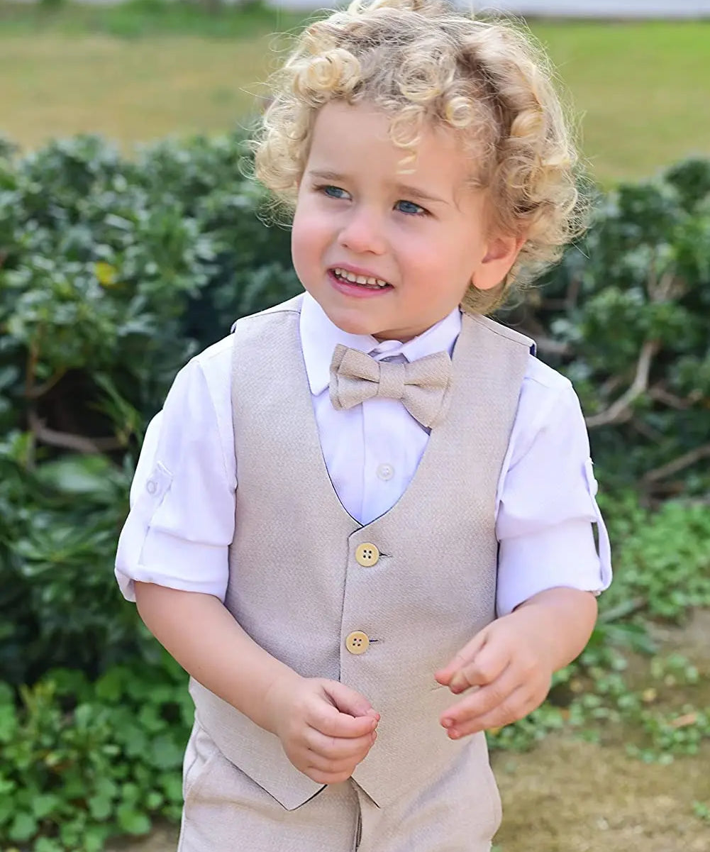 Boys 4 piece tuxedo suit with shirt, pants, vest and bow tie; perfect for baby boy clothes & christmas gift ideas  