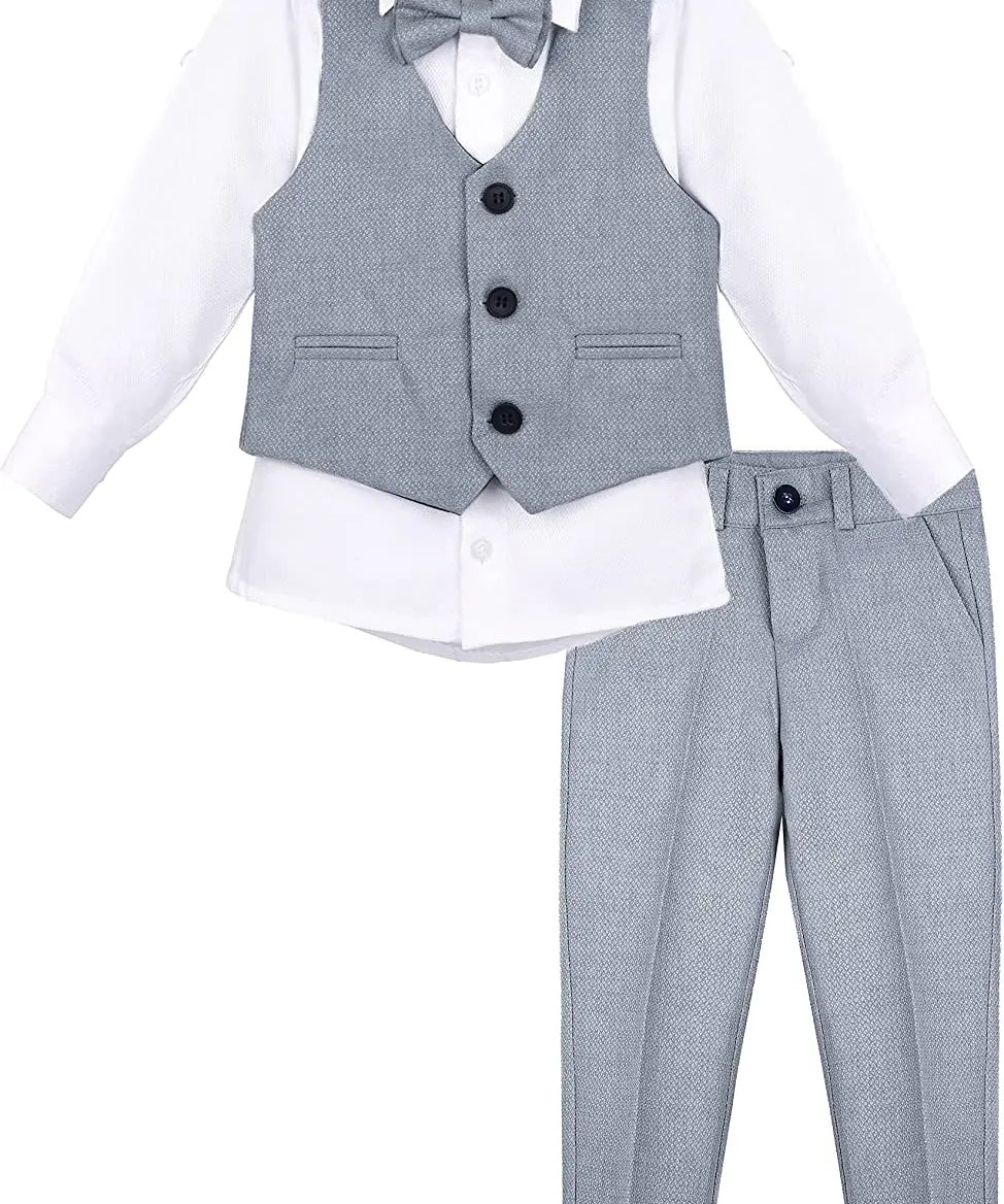 Boys 4 piece tuxedo suit with shirt, pants, vest and bow tie; perfect for baby boy clothes & christmas gift ideas  