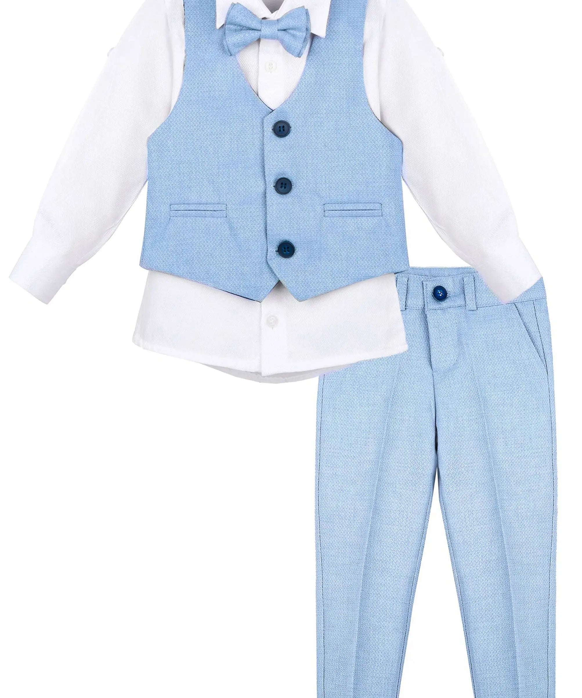 Boys 4 piece tuxedo suit with shirt, pants, vest and bow tie; perfect for baby boy clothes & christmas gift ideas  