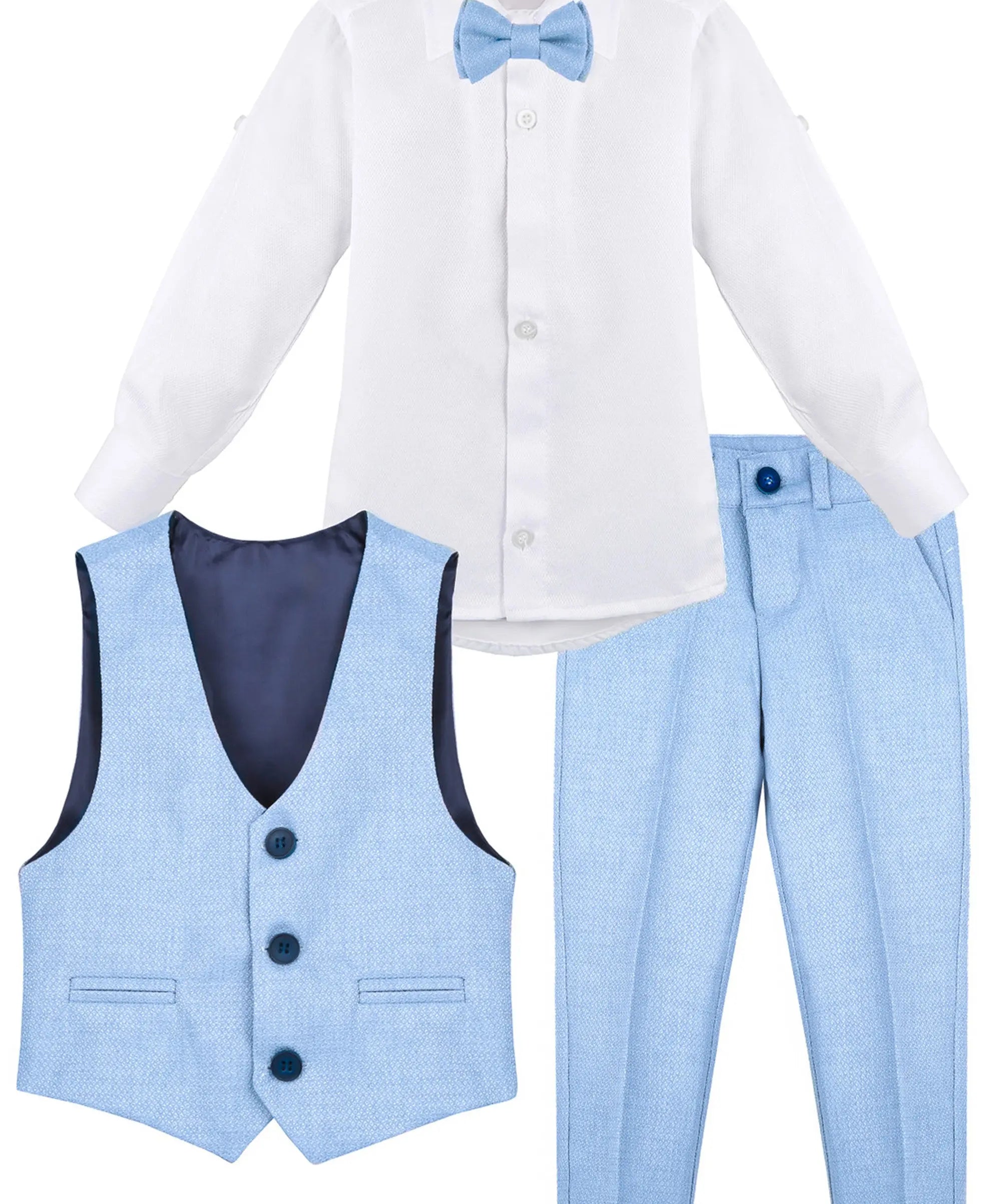 Boys 4 piece tuxedo suit with shirt, pants, vest and bow tie; perfect for baby boy clothes & christmas gift ideas  