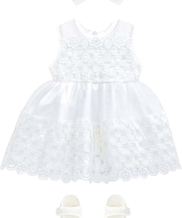 Baby white lace dress with flower pattern and matching shoes; for christening, baptism & Christmas gift ideas 