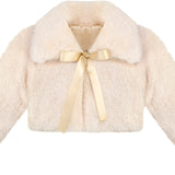 Puffy cozy girls’ bolero jacket with oversized collar and tied bow; perfect girls christmas dress and Christmas gift ideas