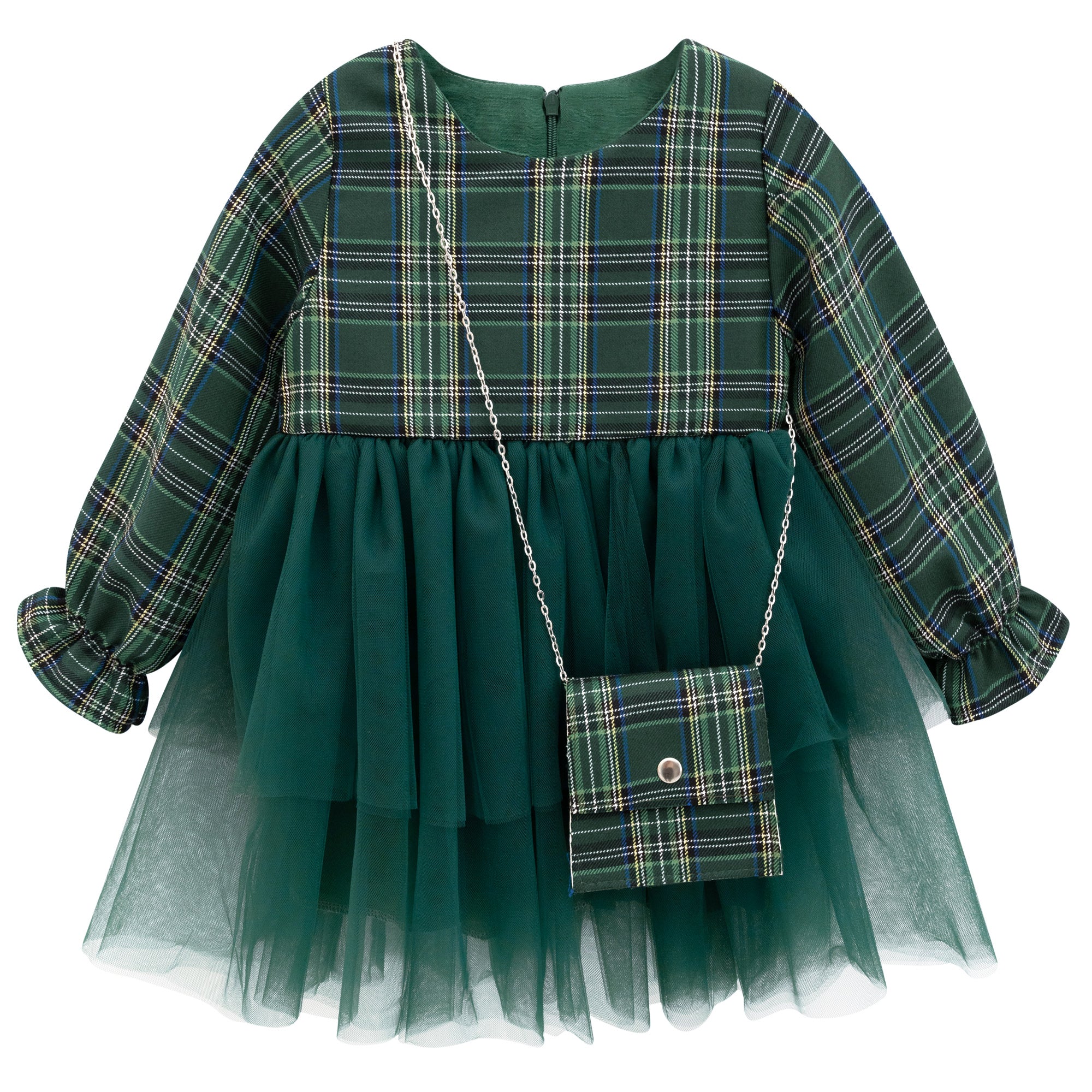 Girls' cotton plaid dress with attached tulle skirt; perfect girls christmas dress & Christmas gift ideas  