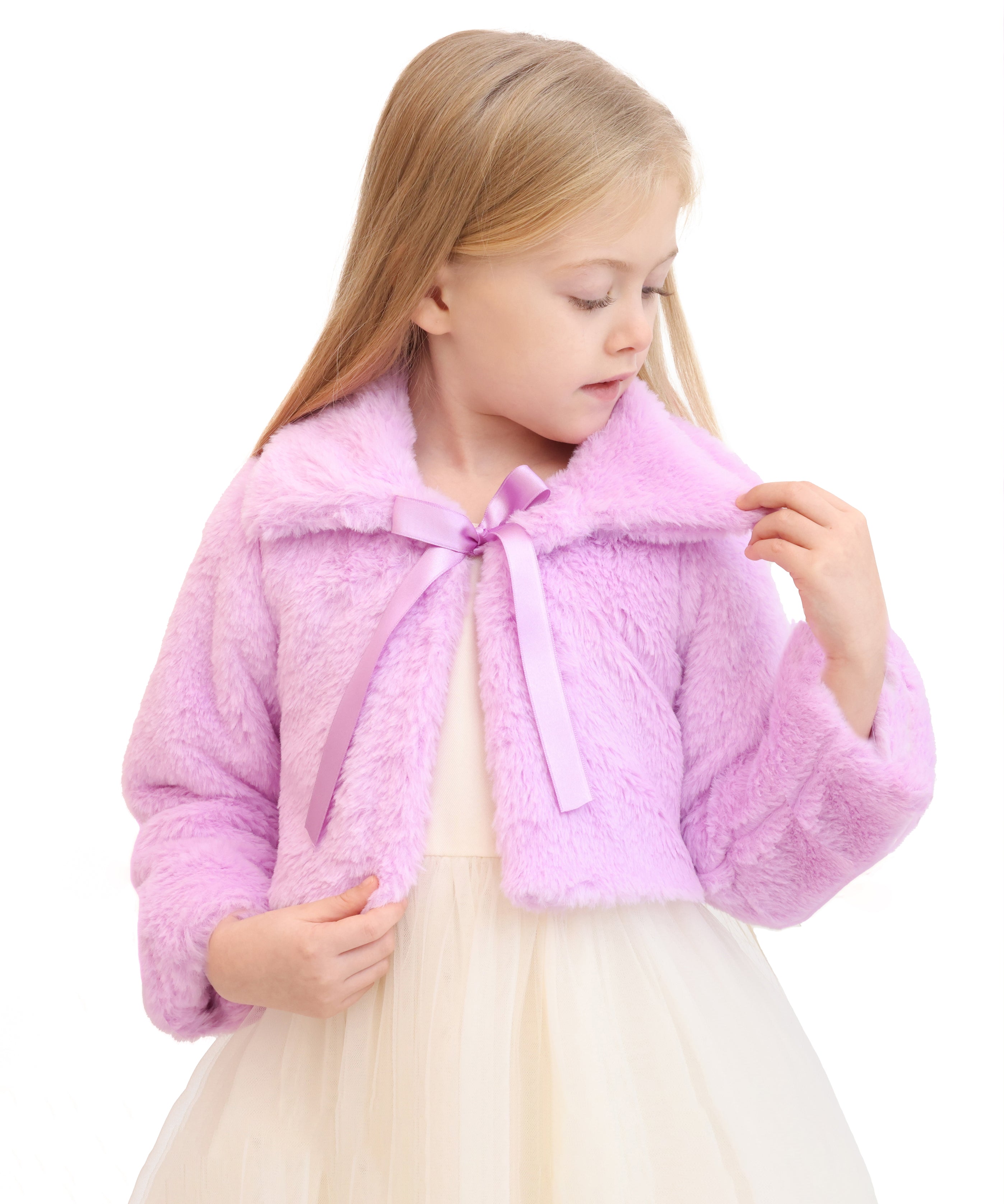 Puffy cozy girls’ bolero jacket with oversized collar and tied bow; perfect girls christmas dress and Christmas gift ideas 