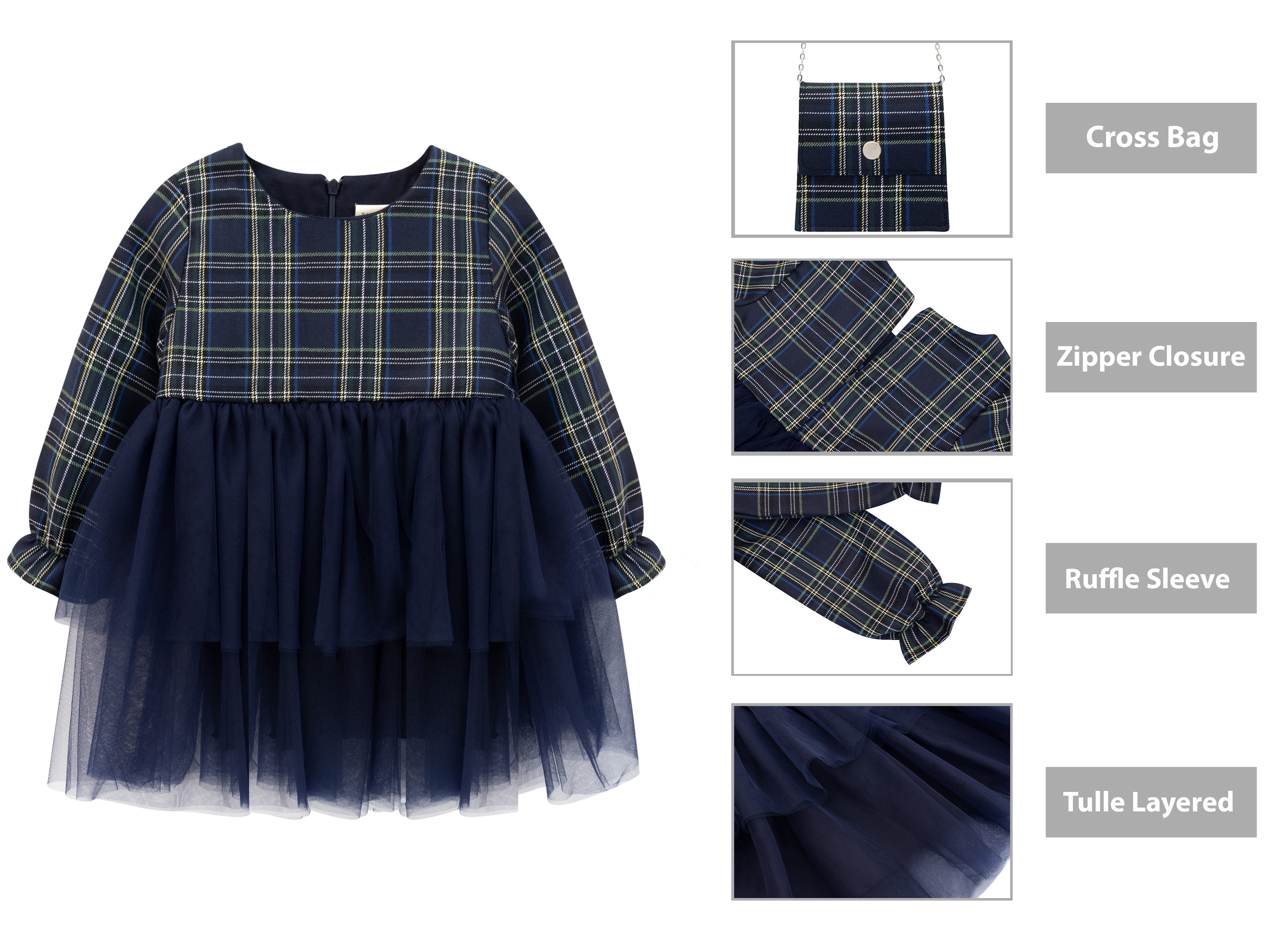 Girls' cotton plaid dress with attached tulle skirt; perfect girls christmas dress & Christmas gift ideas  