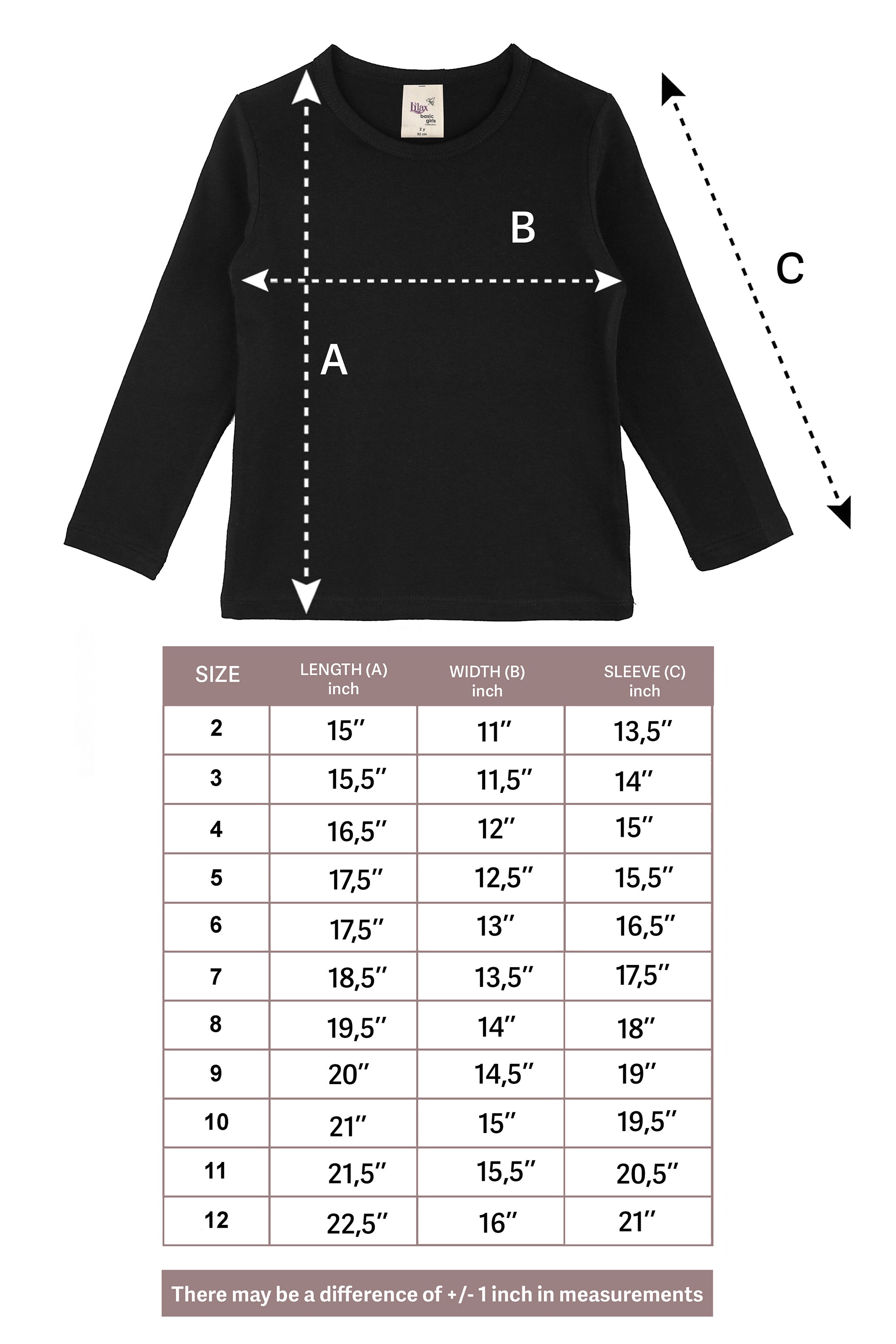 Girls' Basic Crewneck Long Sleeve Cotton T-Shirt / 11-12 Years LILAX