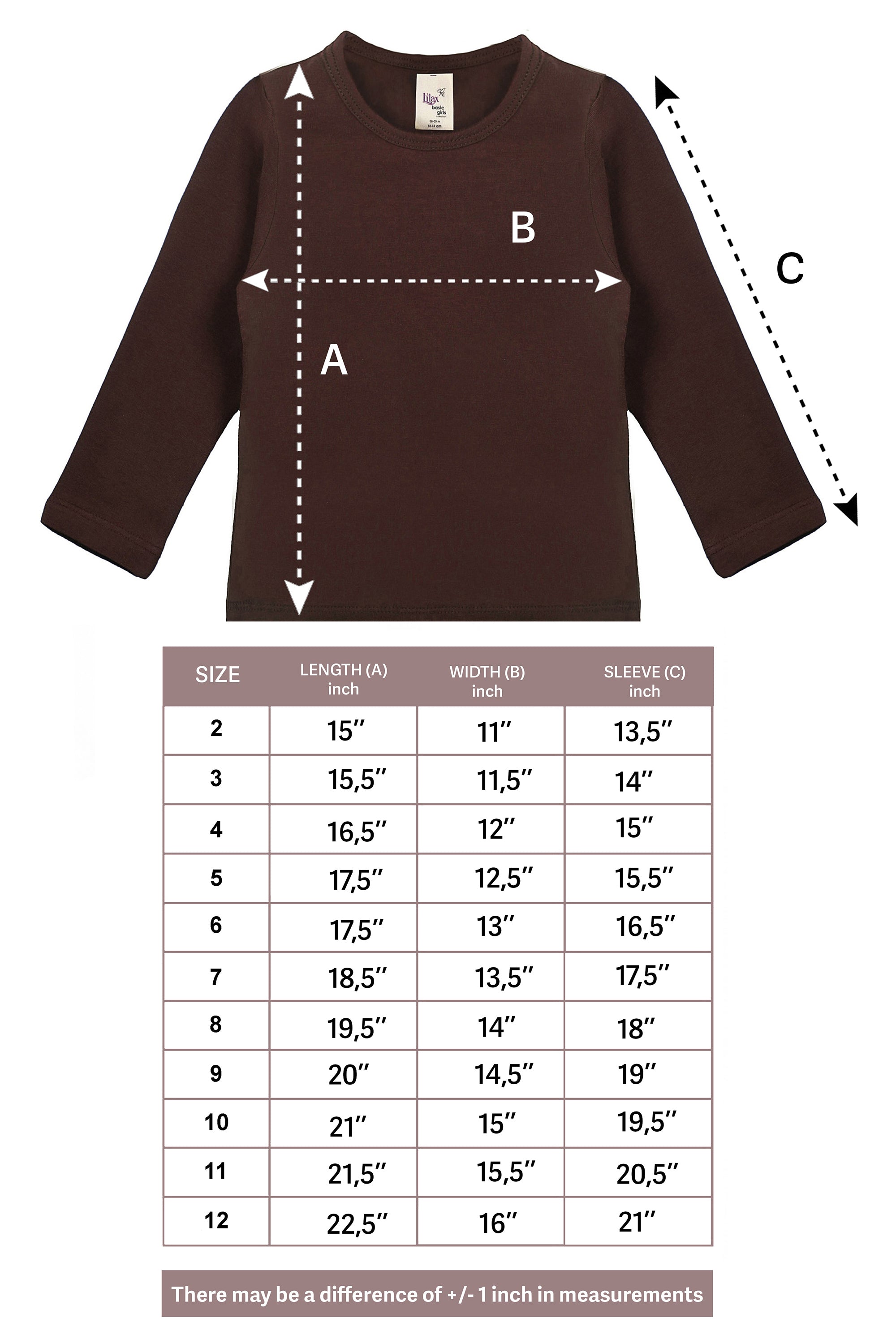 Girls' Basic Crewneck Long Sleeve Cotton T-Shirt / 11-12 Years LILAX