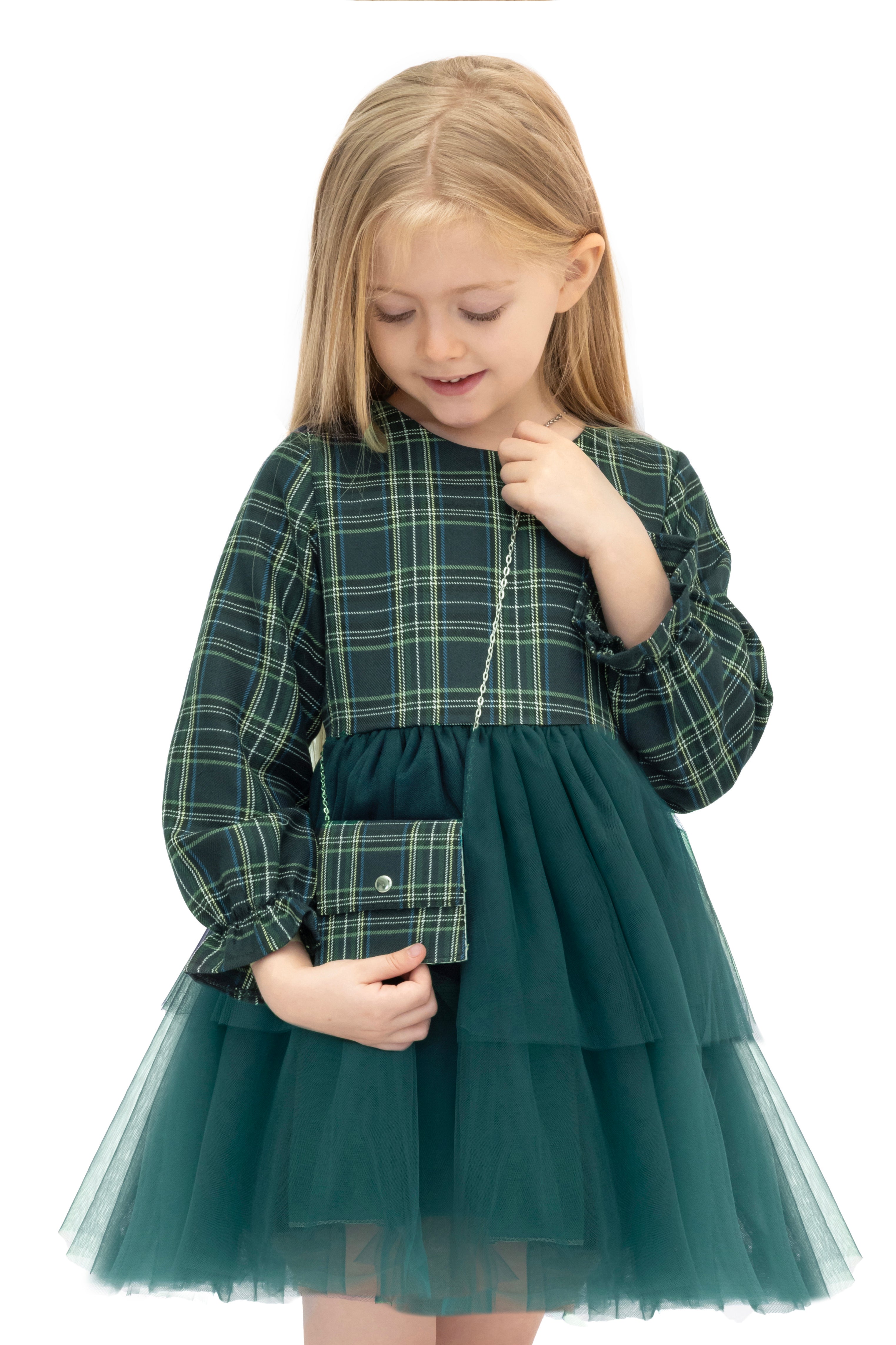 Girls' cotton plaid dress with attached tulle skirt; perfect girls christmas dress & Christmas gift ideas  