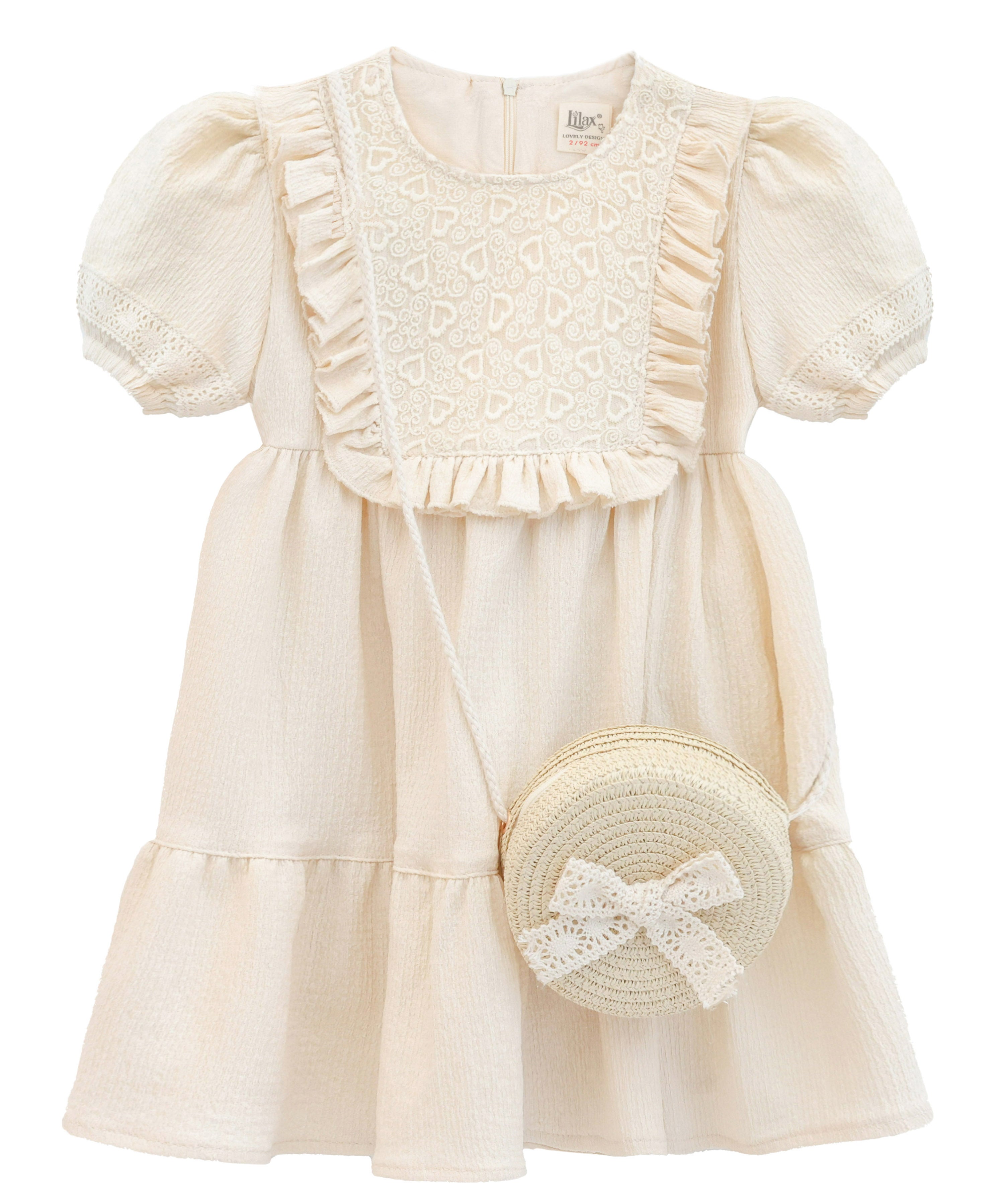 Heart print dress with ruffles and short puff sleeves with lace details; perfect for baby girl clothes & Christmas gift ideas 