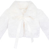 Puffy cozy girls’ bolero jacket with oversized collar and tied bow; perfect girls christmas dress and Christmas gift ideas