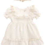 Cotton square neck girls dress with flower embroidery, ruffle & lace details; perfect for baby clothes & Christmas gift ideas 