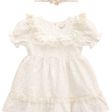 Cotton square neck girls dress with flower embroidery, ruffle & lace details; perfect for baby clothes & Christmas gift ideas 