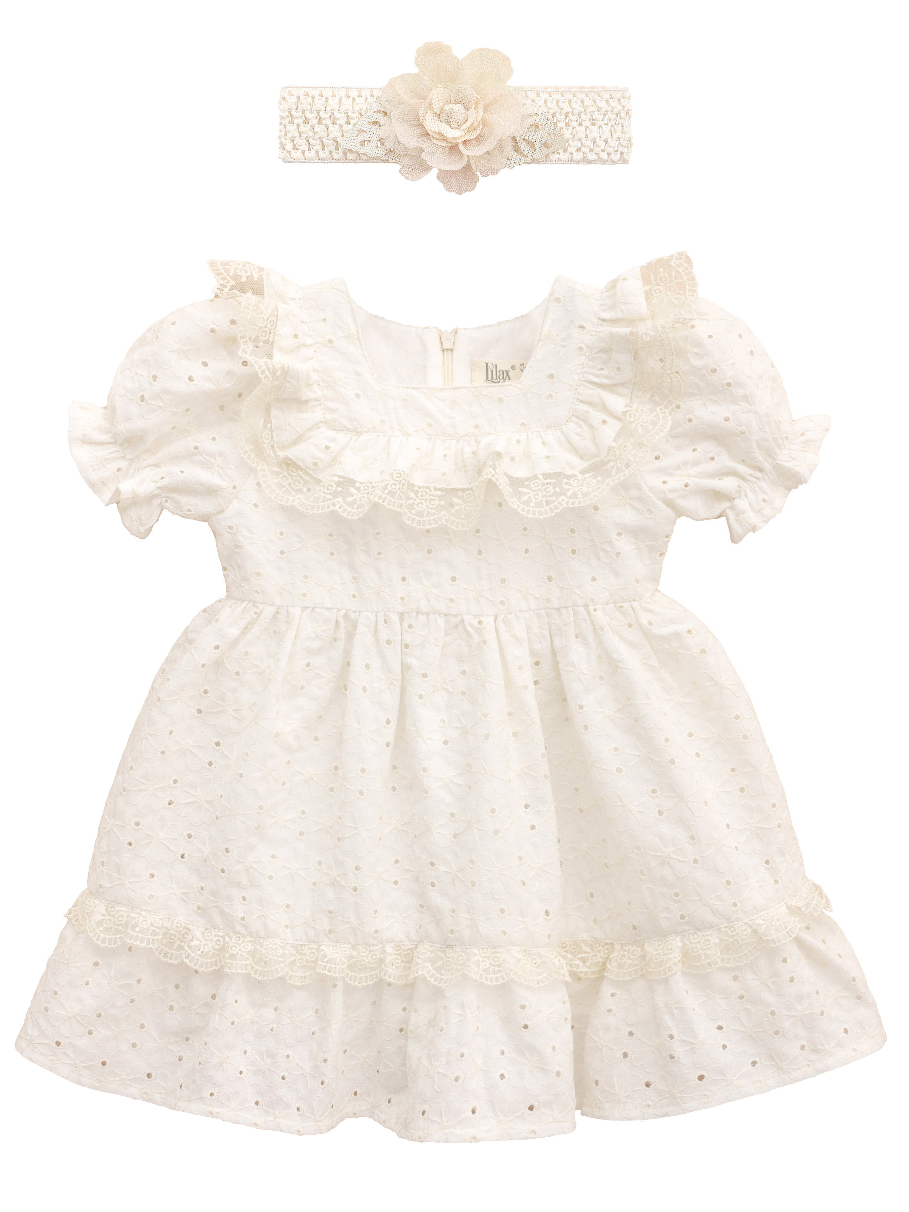 Cotton square neck girls dress with flower embroidery, ruffle & lace details; perfect for baby clothes & Christmas gift ideas 