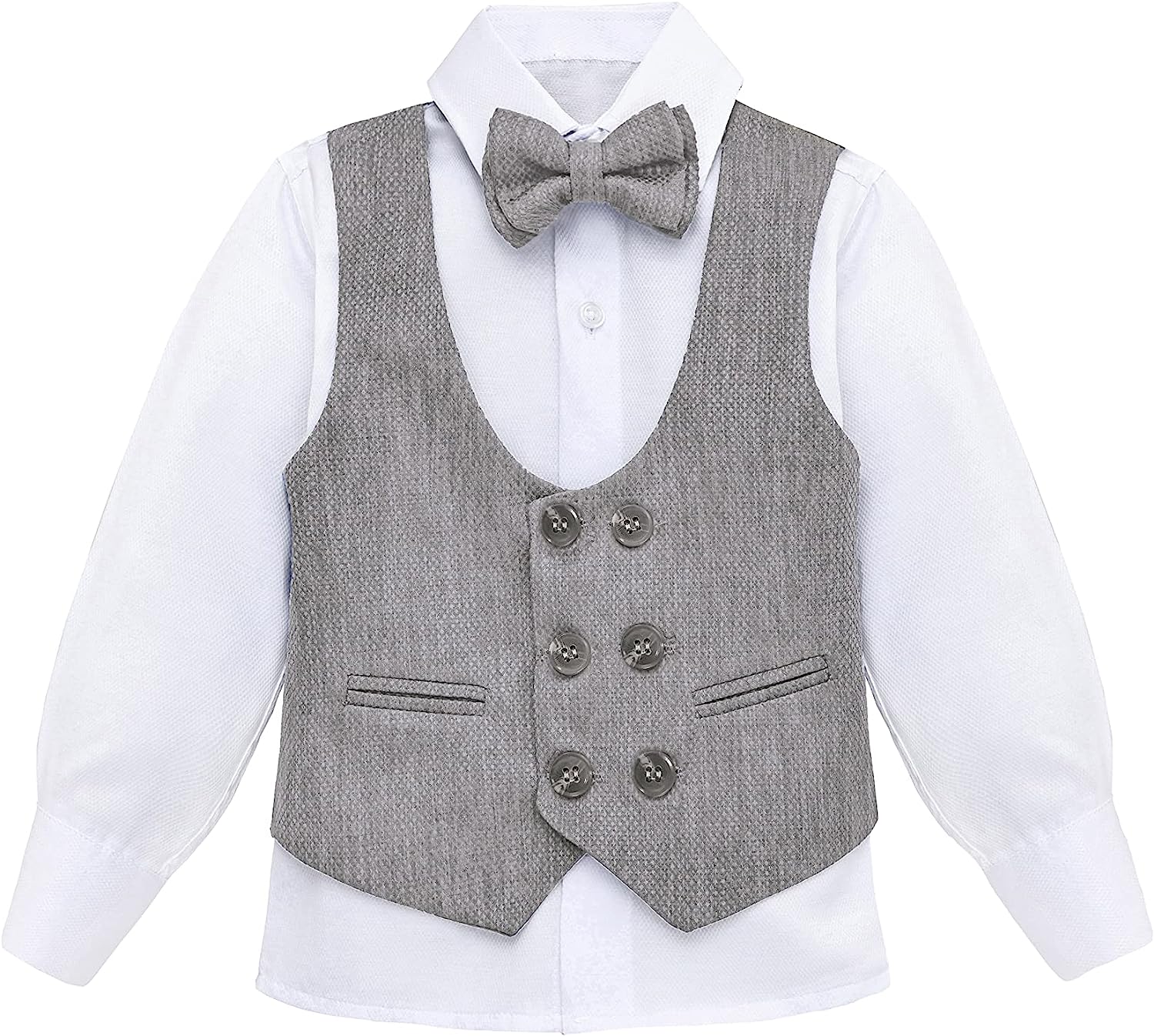 Toddler & Youth Boys 4 Piece Formal Suit Set V-Neck Vest White Dress Shirt Dress Pants and Bowtie LILAX