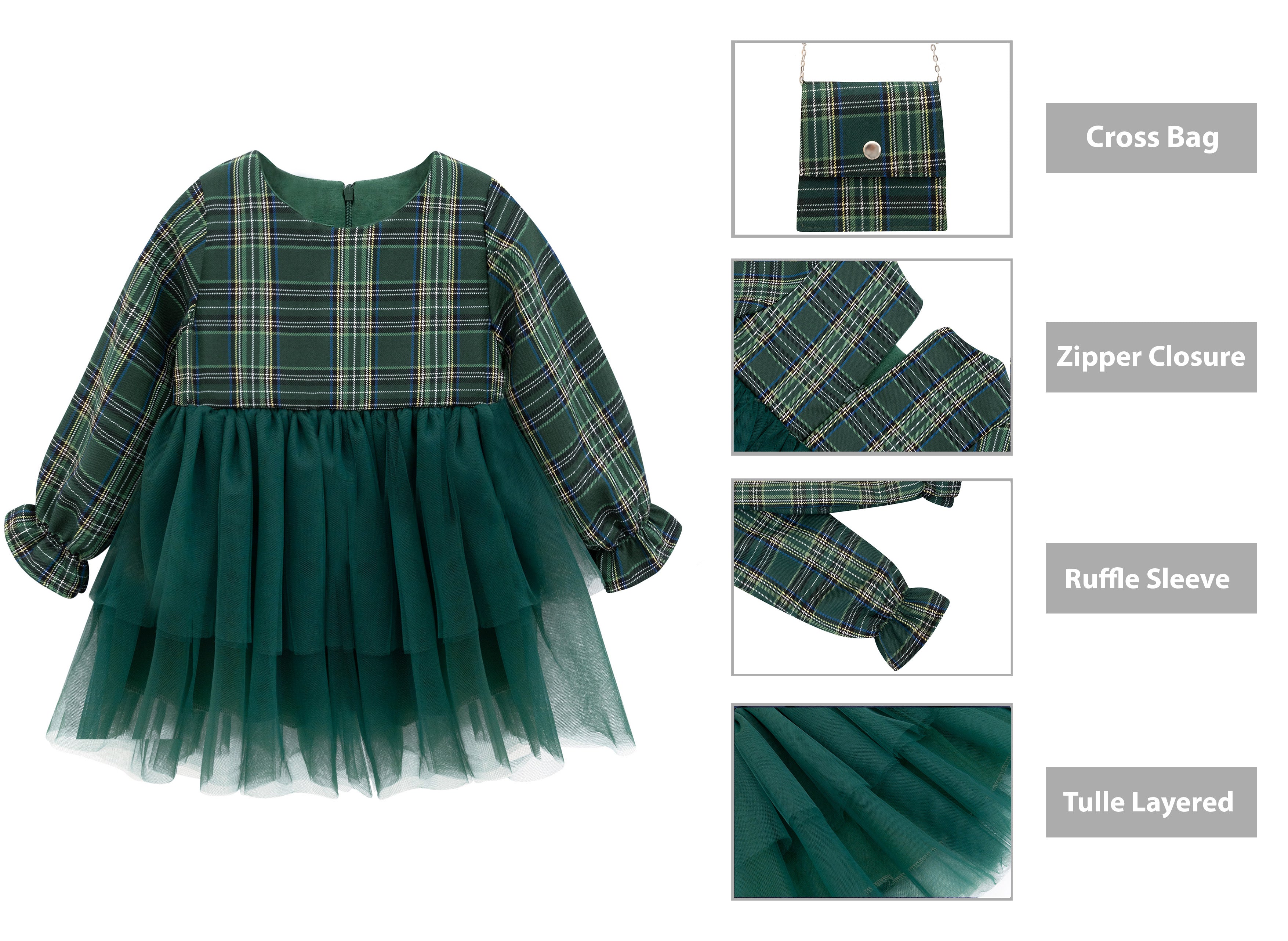 Girls' cotton plaid dress with attached tulle skirt; perfect girls christmas dress & Christmas gift ideas  