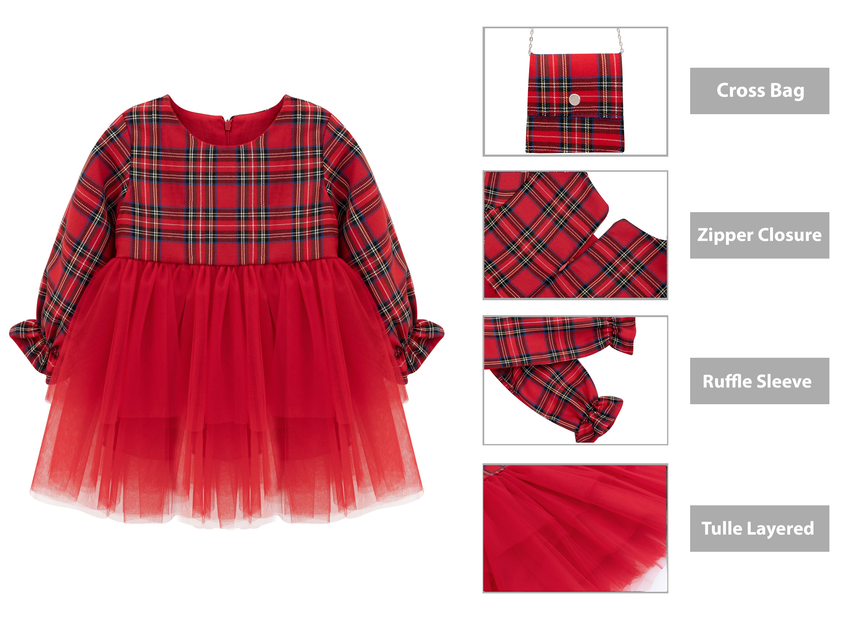 Girls' cotton plaid dress with attached tulle skirt; perfect girls christmas dress & Christmas gift ideas  