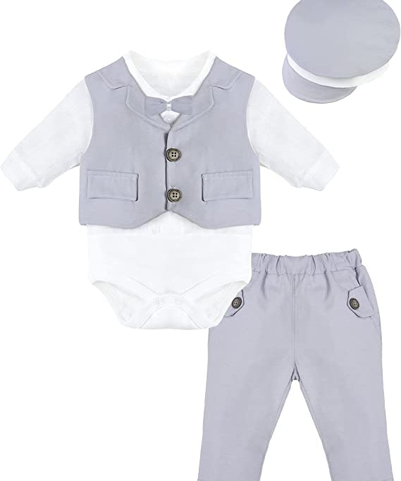 Baby boy cotton tuxedo suit bodysuit with matching hat & pants; perfect for baby boy clothes & christmas gift ideas