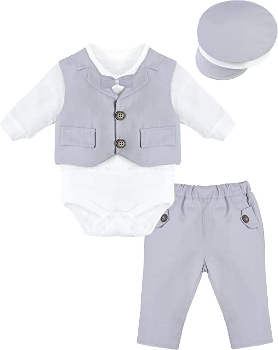 Gentleman Baby Tuxedo Boy Dress Shirt - Bowtie - Hat and Pant 4-Piece Cotton Suit Set LILAX