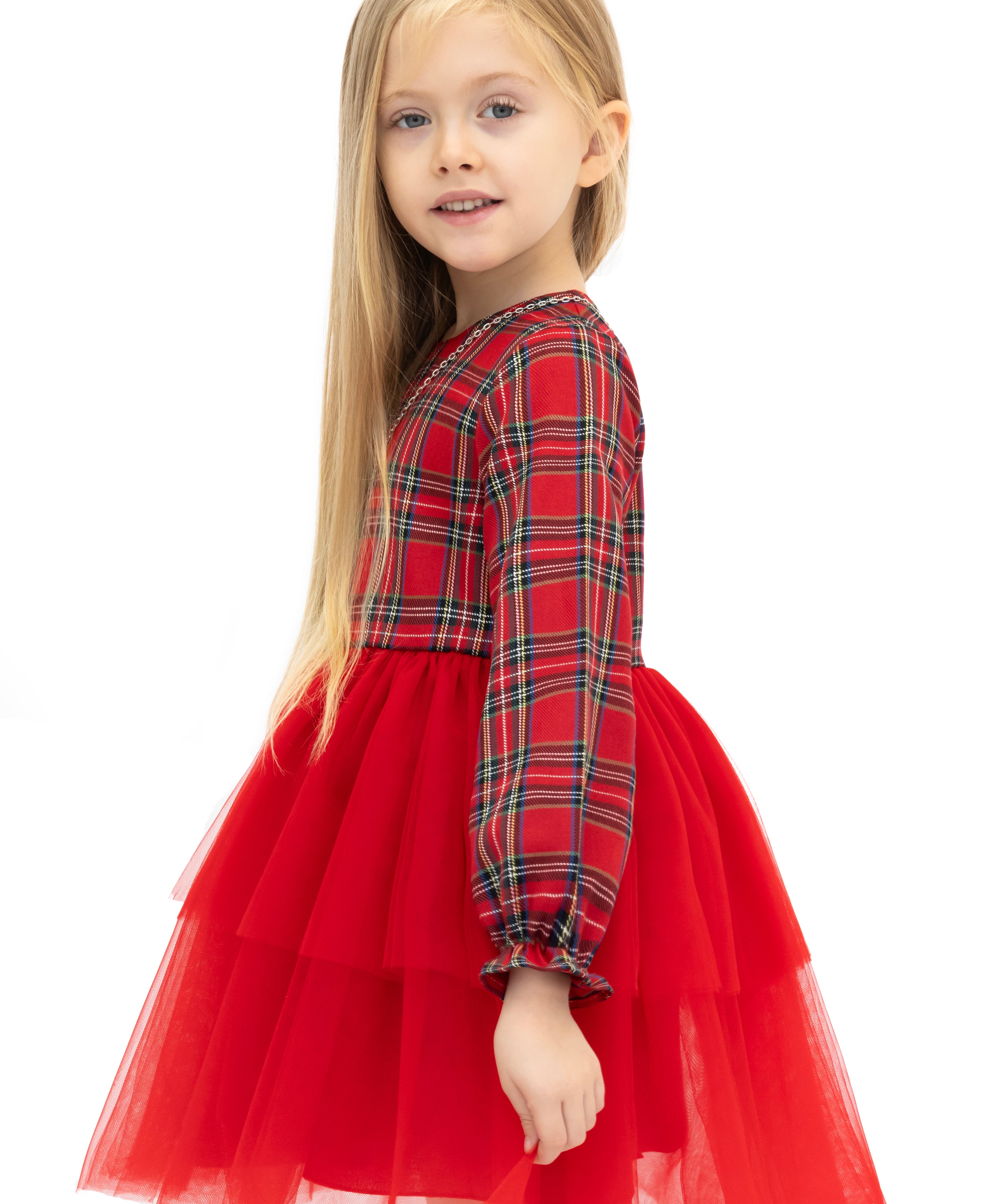 Girls' cotton plaid dress with attached tulle skirt; perfect girls christmas dress & Christmas gift ideas  