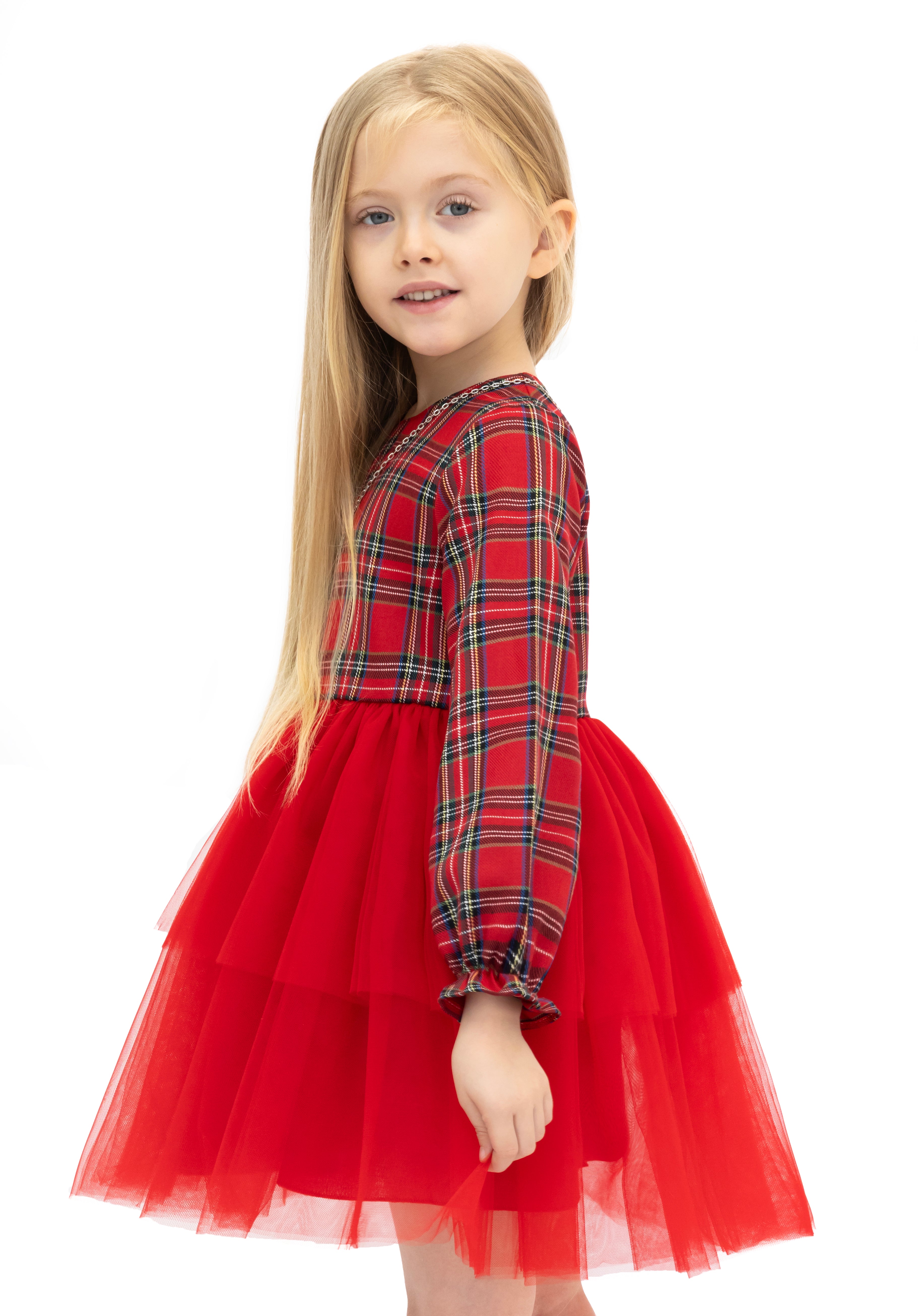 Girls' cotton plaid dress with attached tulle skirt; perfect girls christmas dress & Christmas gift ideas  