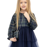 Girls' cotton plaid dress with attached tulle skirt; perfect girls christmas dress & Christmas gift ideas  