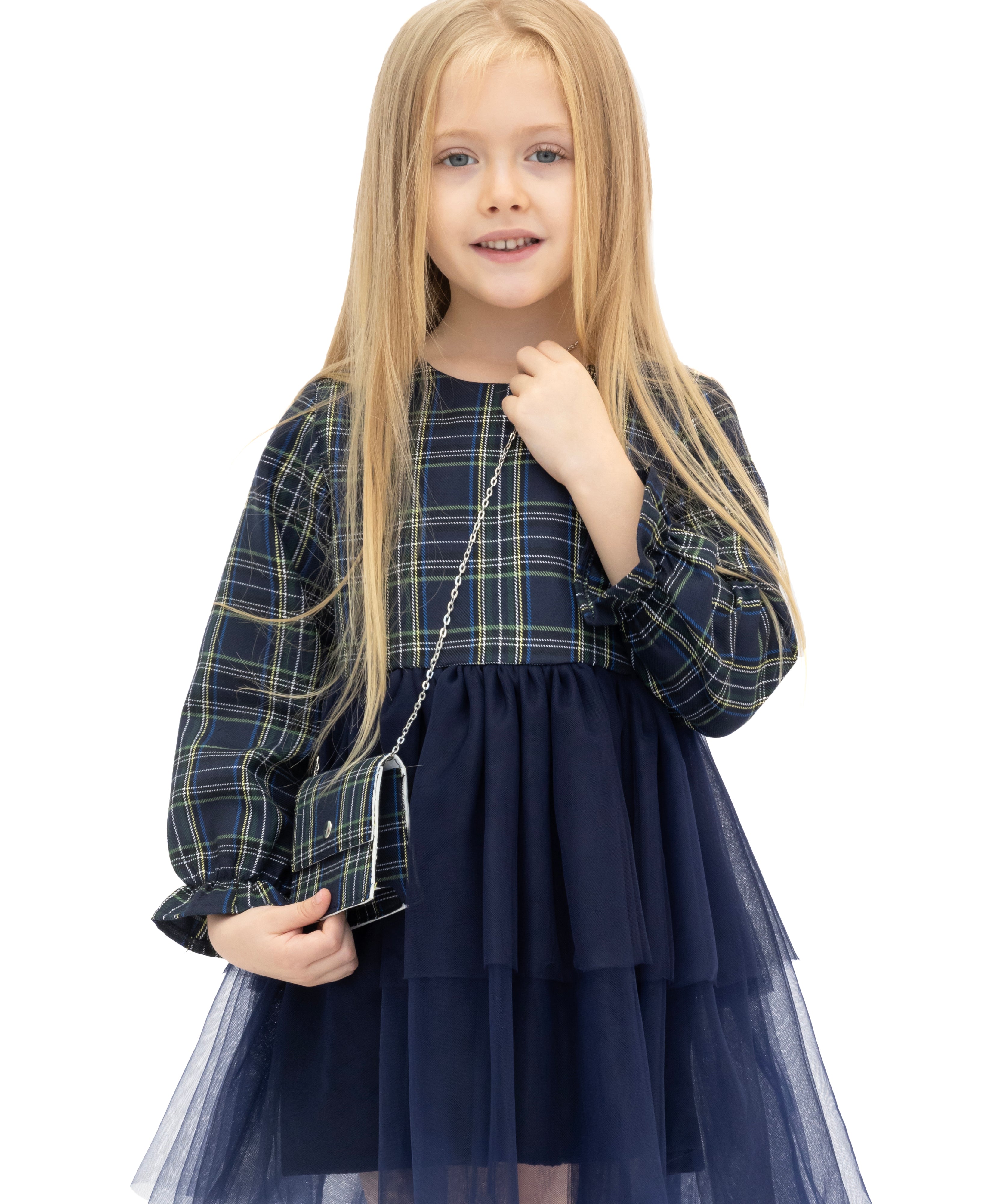 Girls' cotton plaid dress with attached tulle skirt; perfect girls christmas dress & Christmas gift ideas  