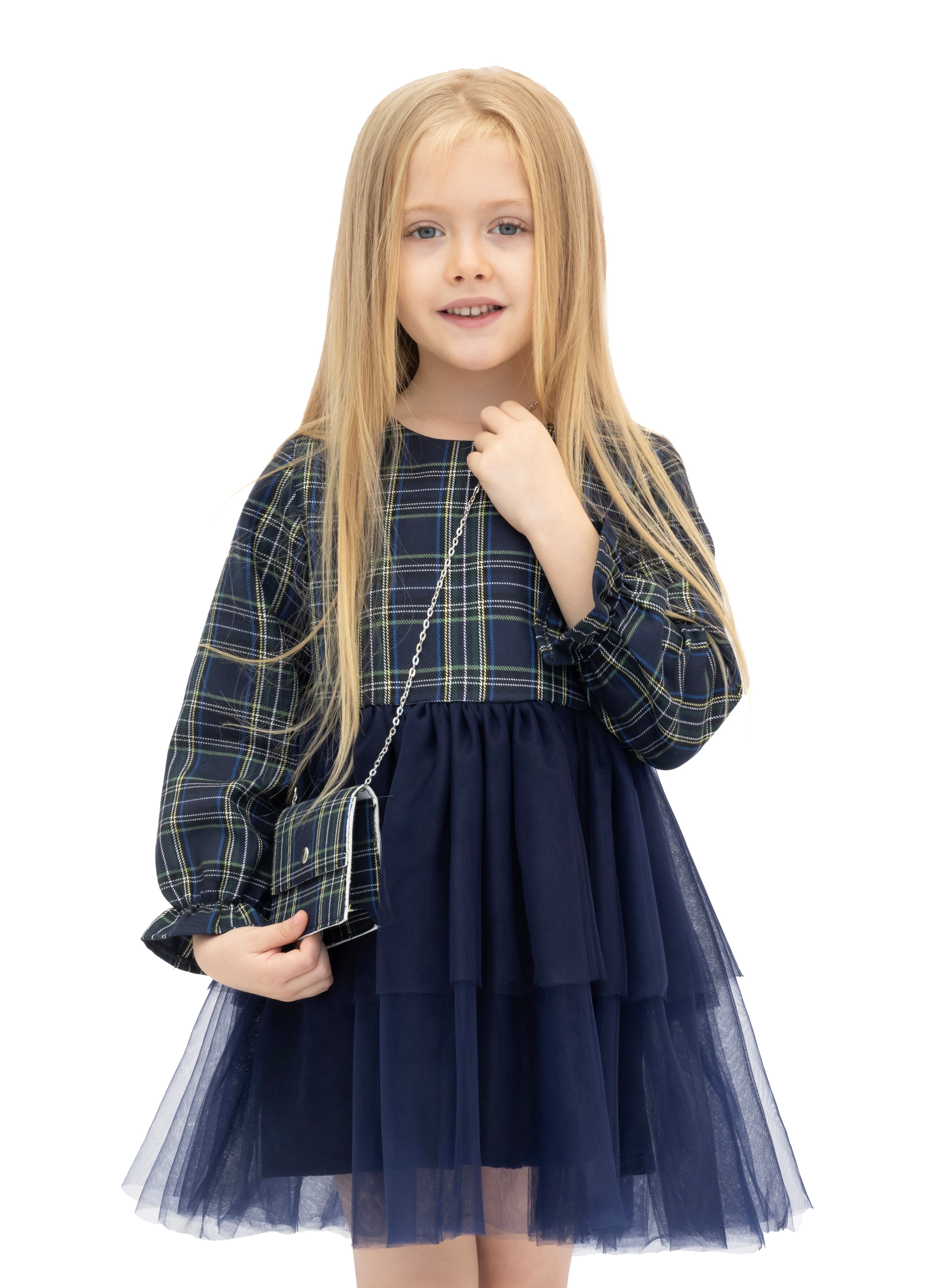 Girls' cotton plaid dress with attached tulle skirt; perfect girls christmas dress & Christmas gift ideas  