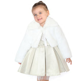 Puffy cozy girls’ bolero jacket with oversized collar and tied bow; perfect girls christmas dress and Christmas gift ideas