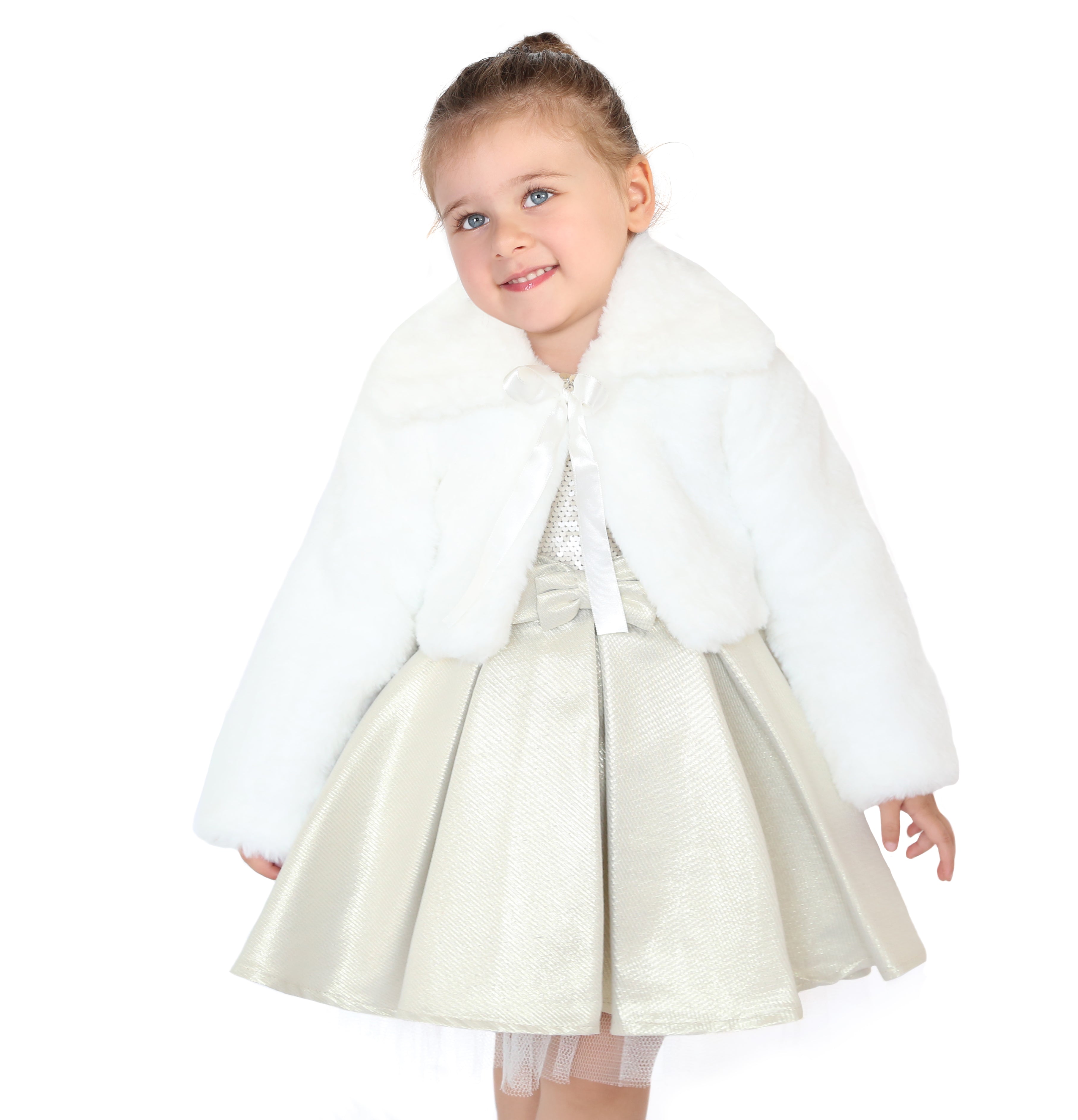 Puffy cozy girls’ bolero jacket with oversized collar and tied bow; perfect girls christmas dress and Christmas gift ideas 