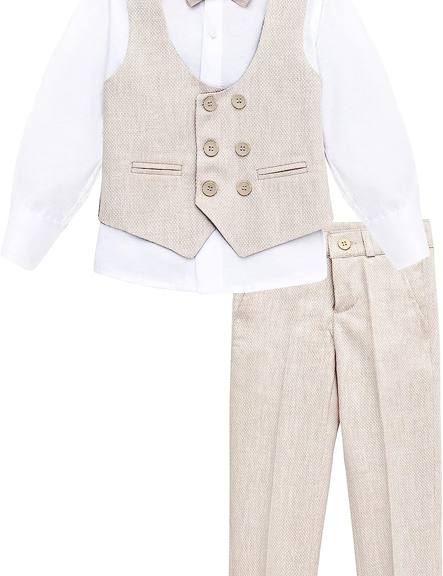 Boys 4 piece tuxedo suit with shirt, pants, vest and bow tie; perfect for baby boy clothes & christmas gift ideas  