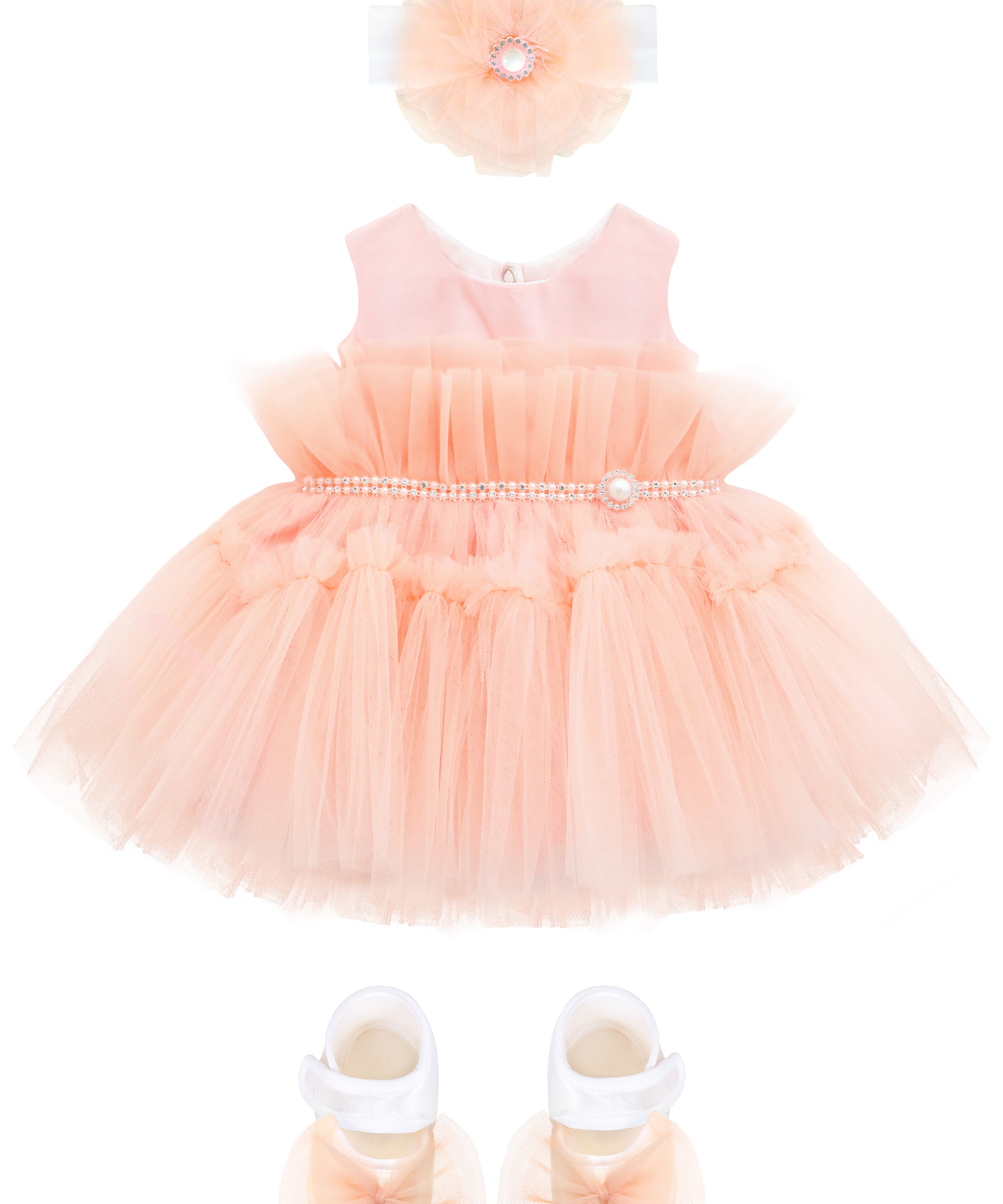 Baby girls layered tulle skirt dress and bow attached jeweled belt; perfect for baby girl clothes & christmas gift ideas  