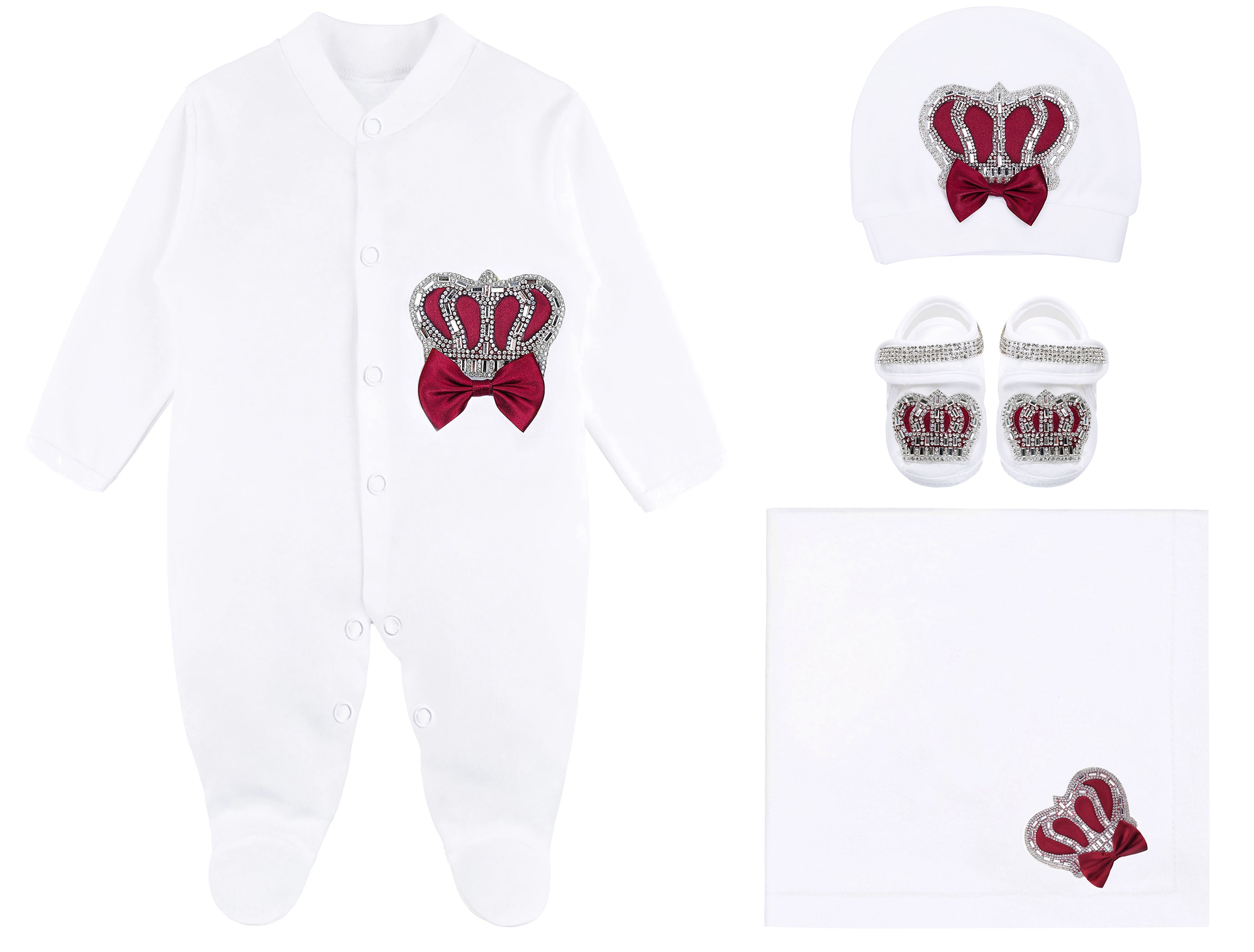 Jeweled crown layette with footie, hat, mittens with bows; perfect Christmas pajamas, baby essentials, Christmas gift ideas 