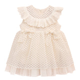 Crewneck tulle dress with geometric pattern, ruffle & lace details; perfect for baby clothes & Christmas gift ideas 