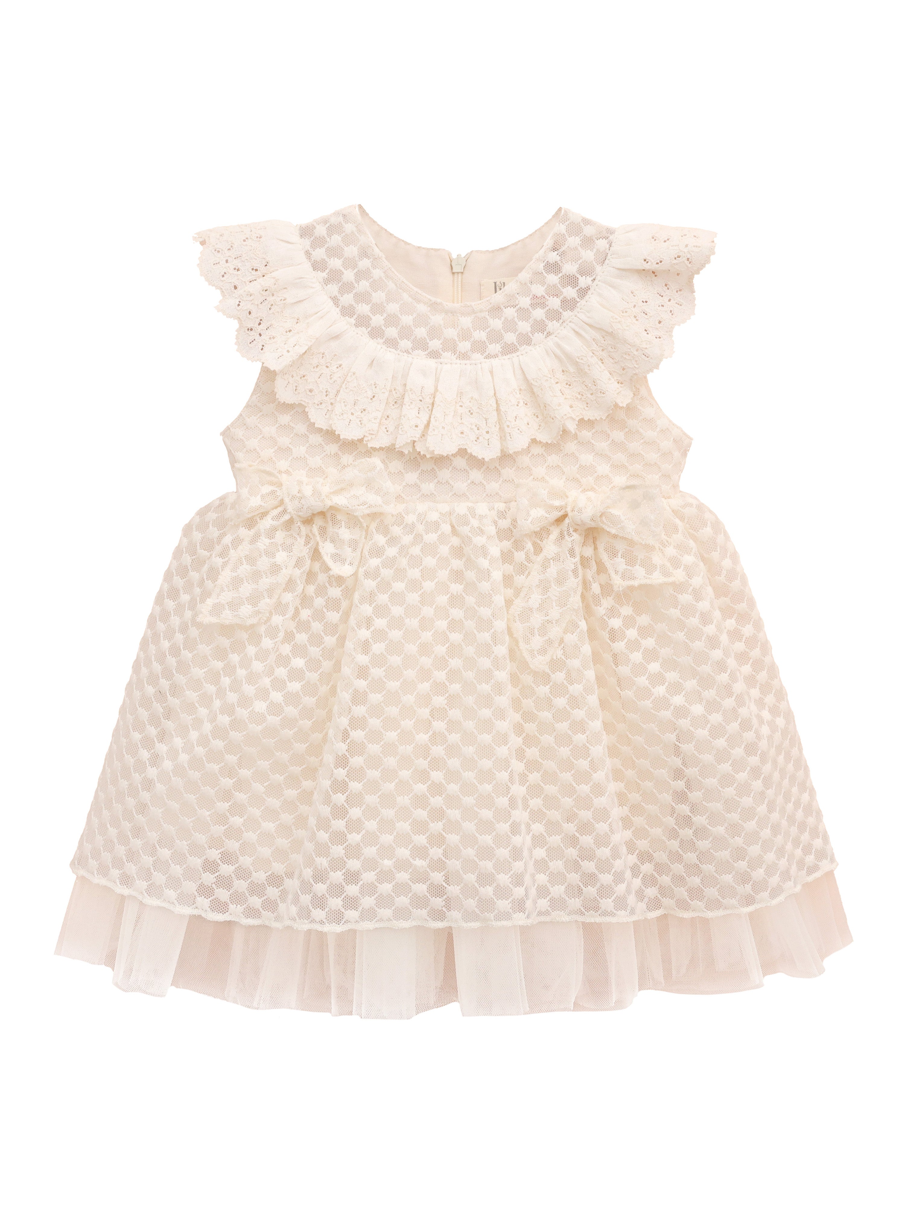 Crewneck tulle dress with geometric pattern, ruffle & lace details; perfect for baby clothes & Christmas gift ideas 