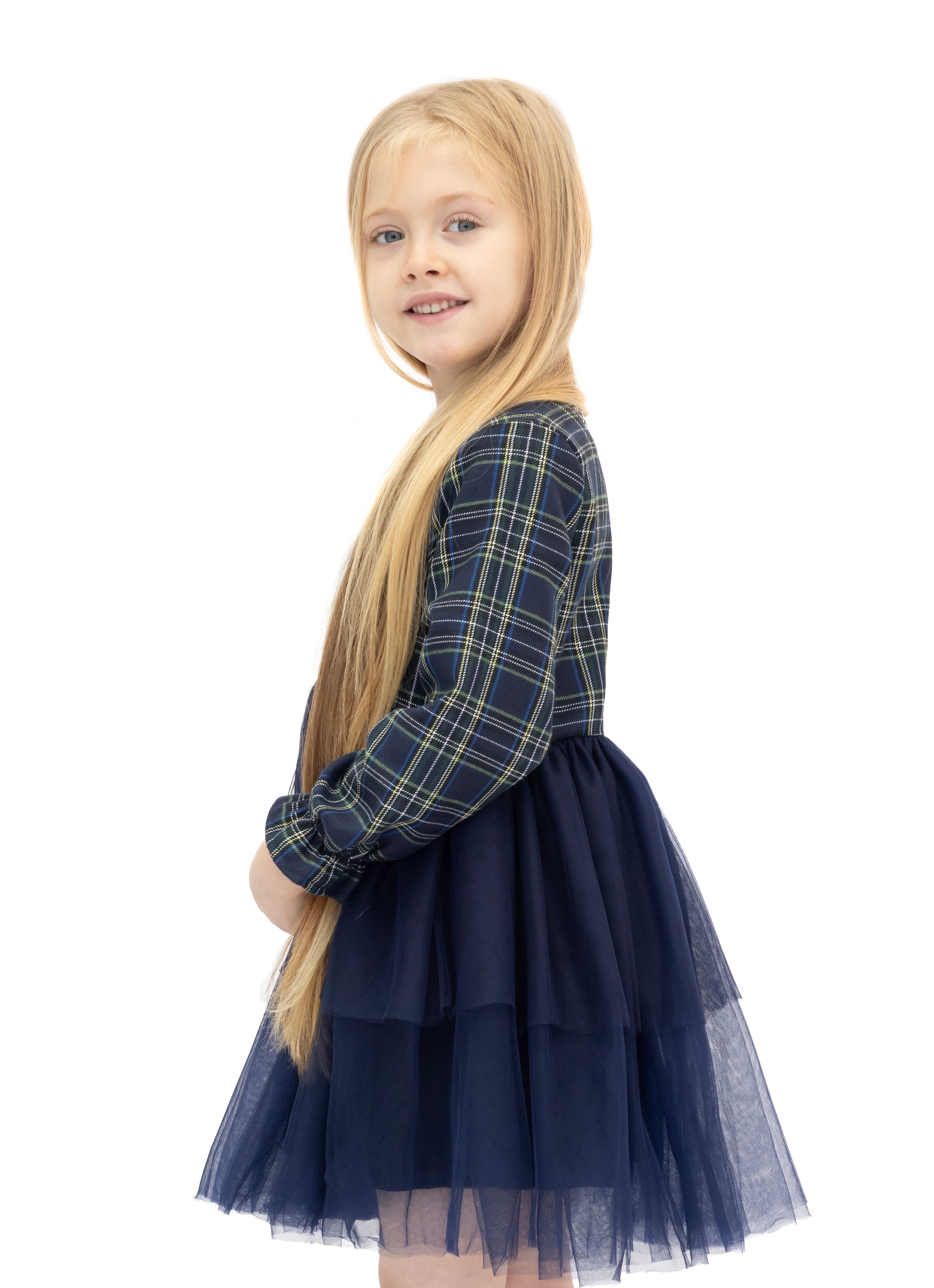 Girls' cotton plaid dress with attached tulle skirt; perfect girls christmas dress & Christmas gift ideas  