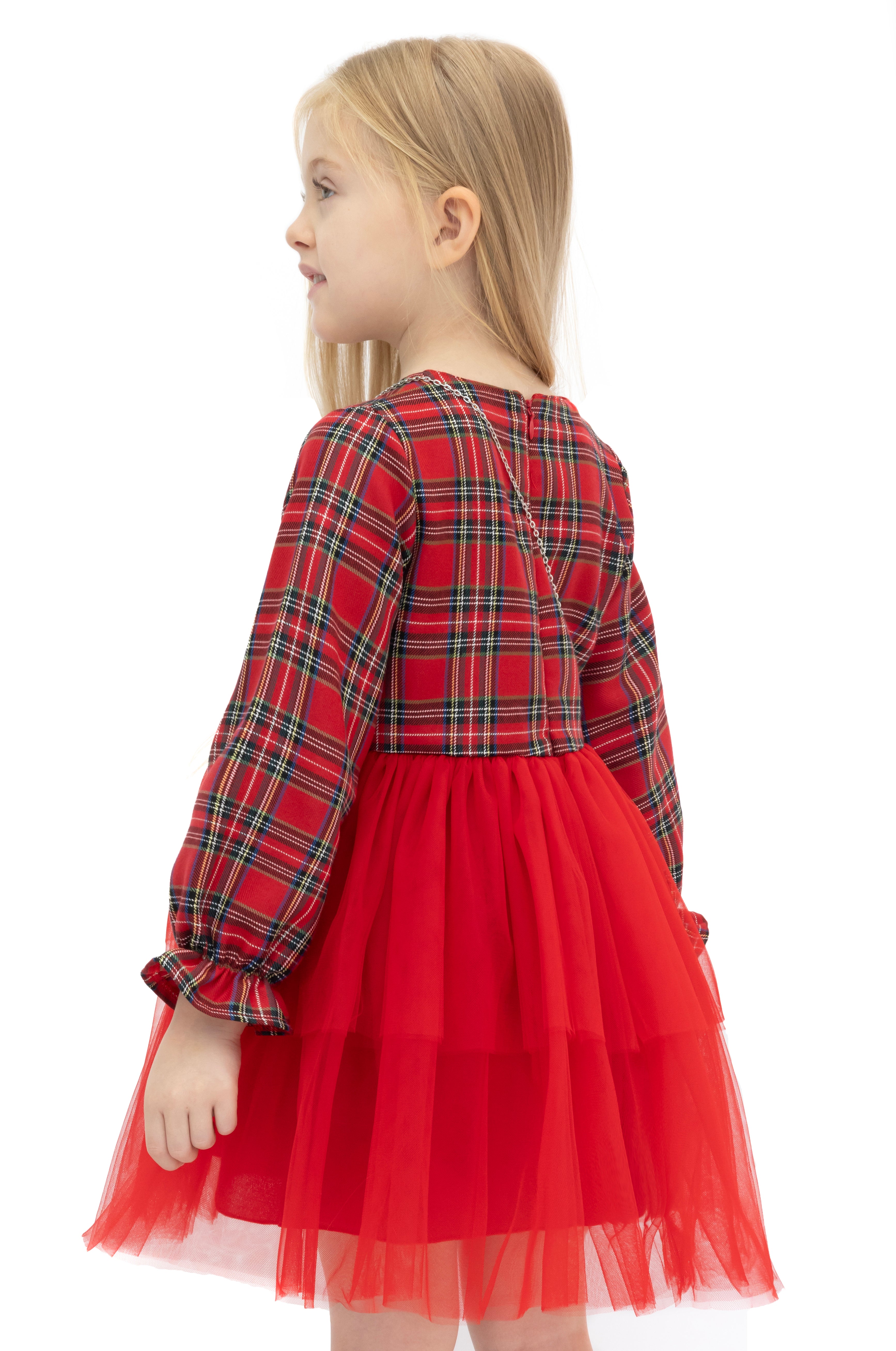 Girls' cotton plaid dress with attached tulle skirt; perfect girls christmas dress & Christmas gift ideas  