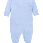 A knit footed jumpsuit or onesie with geometric patterns; cozy baby boy clothes, perfect for baby registry and Christmas gift ideas 