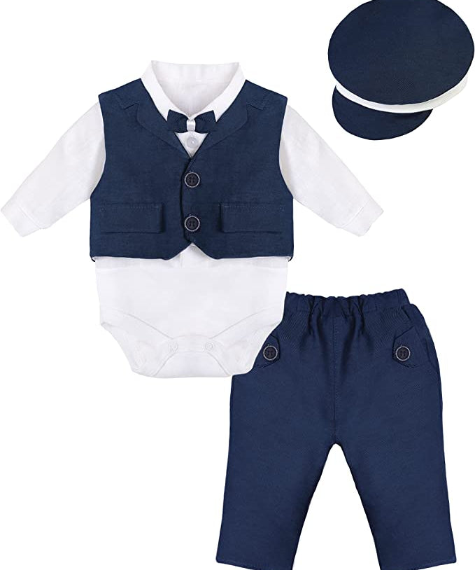 Baby boy cotton tuxedo suit bodysuit with matching hat & pants; perfect for baby boy clothes & christmas gift ideas