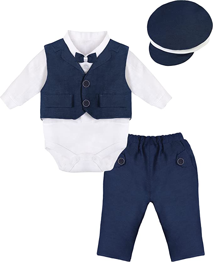 Gentleman Baby Tuxedo Boy Dress Shirt - Bowtie - Hat and Pant 4-Piece Cotton Suit Set LILAX