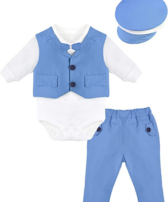 Baby boy cotton tuxedo suit bodysuit with matching hat & pants; perfect for baby boy clothes & christmas gift ideas