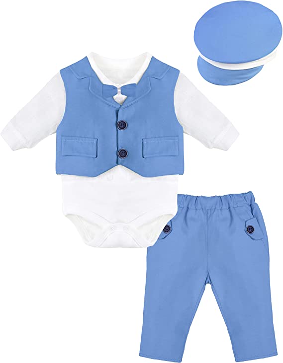 Gentleman Baby Tuxedo Boy Dress Shirt - Bowtie - Hat and Pant 4-Piece Cotton Suit Set LILAX