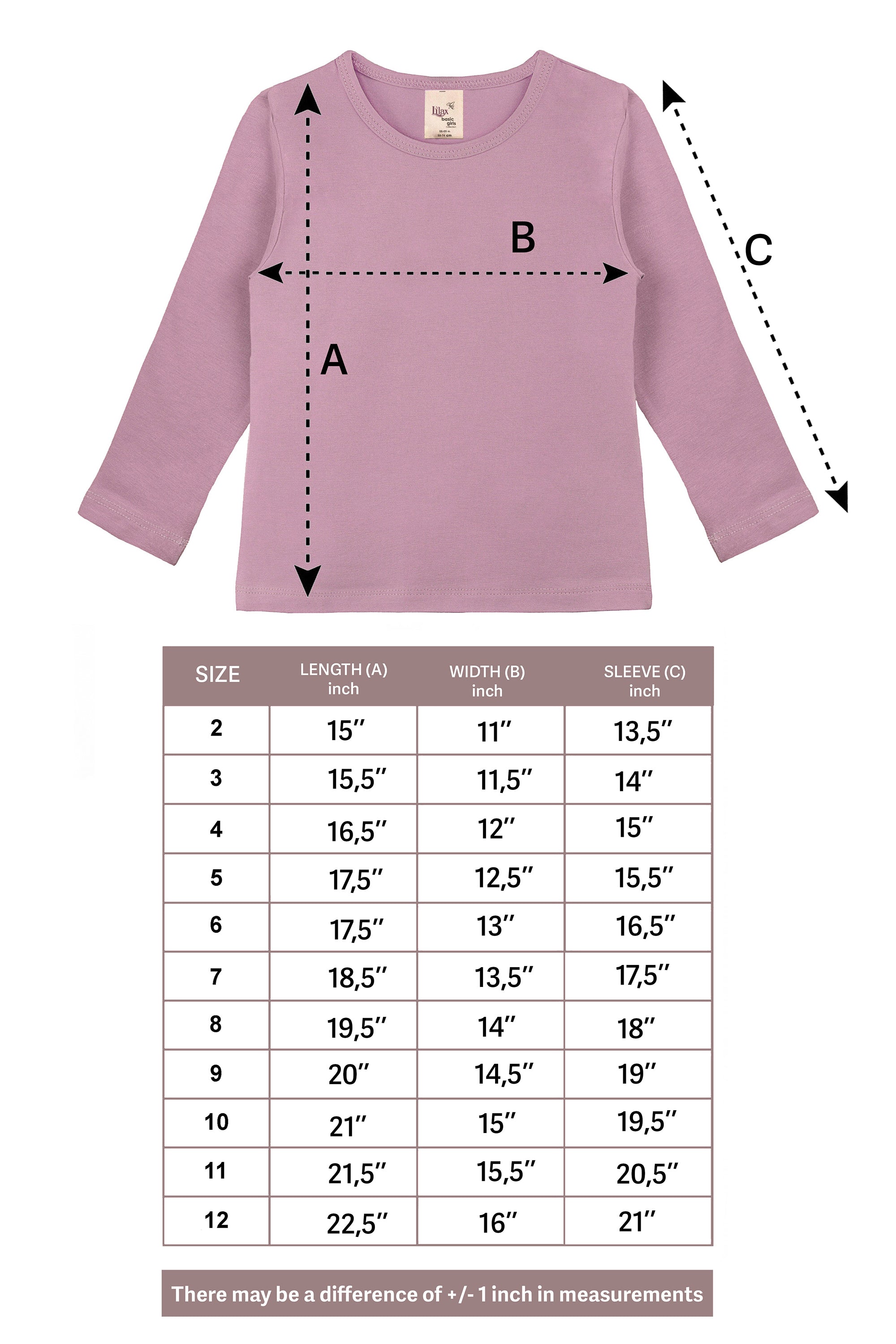 Girls' Basic Crewneck Long Sleeve Cotton T-Shirt / 11-12 Years LILAX