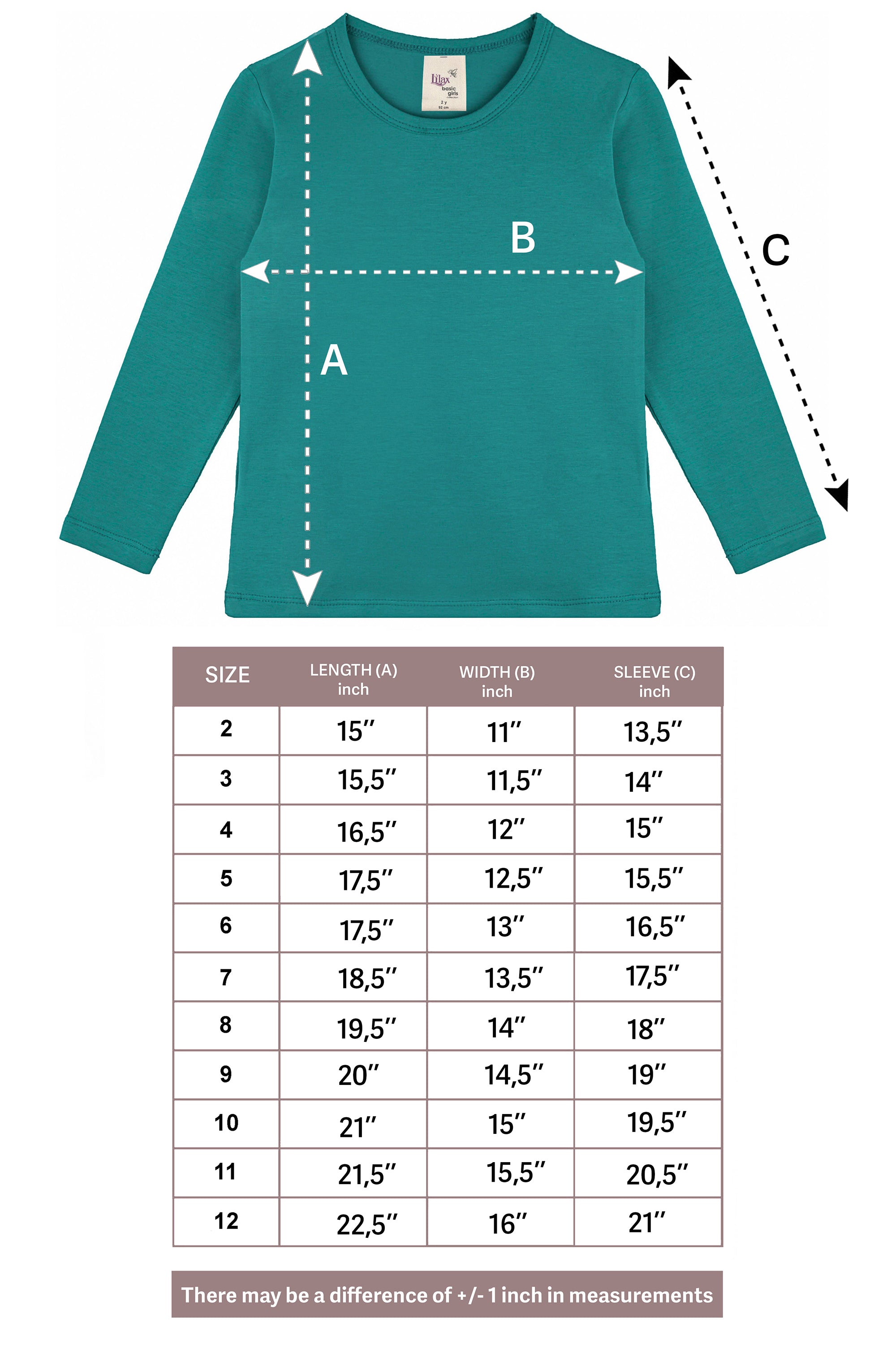 Girls' Basic Crewneck Long Sleeve Cotton T-Shirt / 11-12 Years LILAX