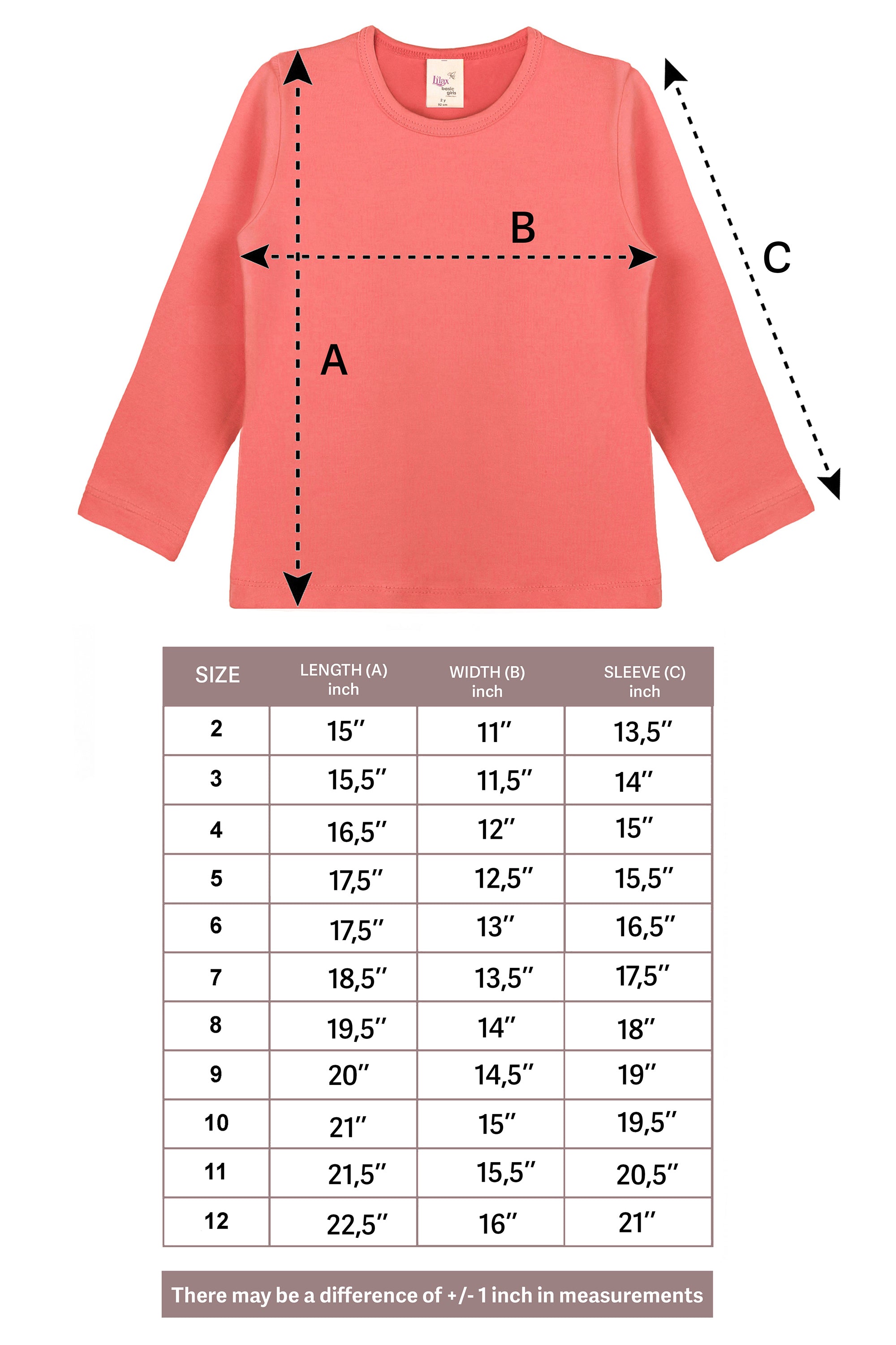 Girls' Basic Crewneck Long Sleeve Cotton T-Shirt / 11-12 Years LILAX