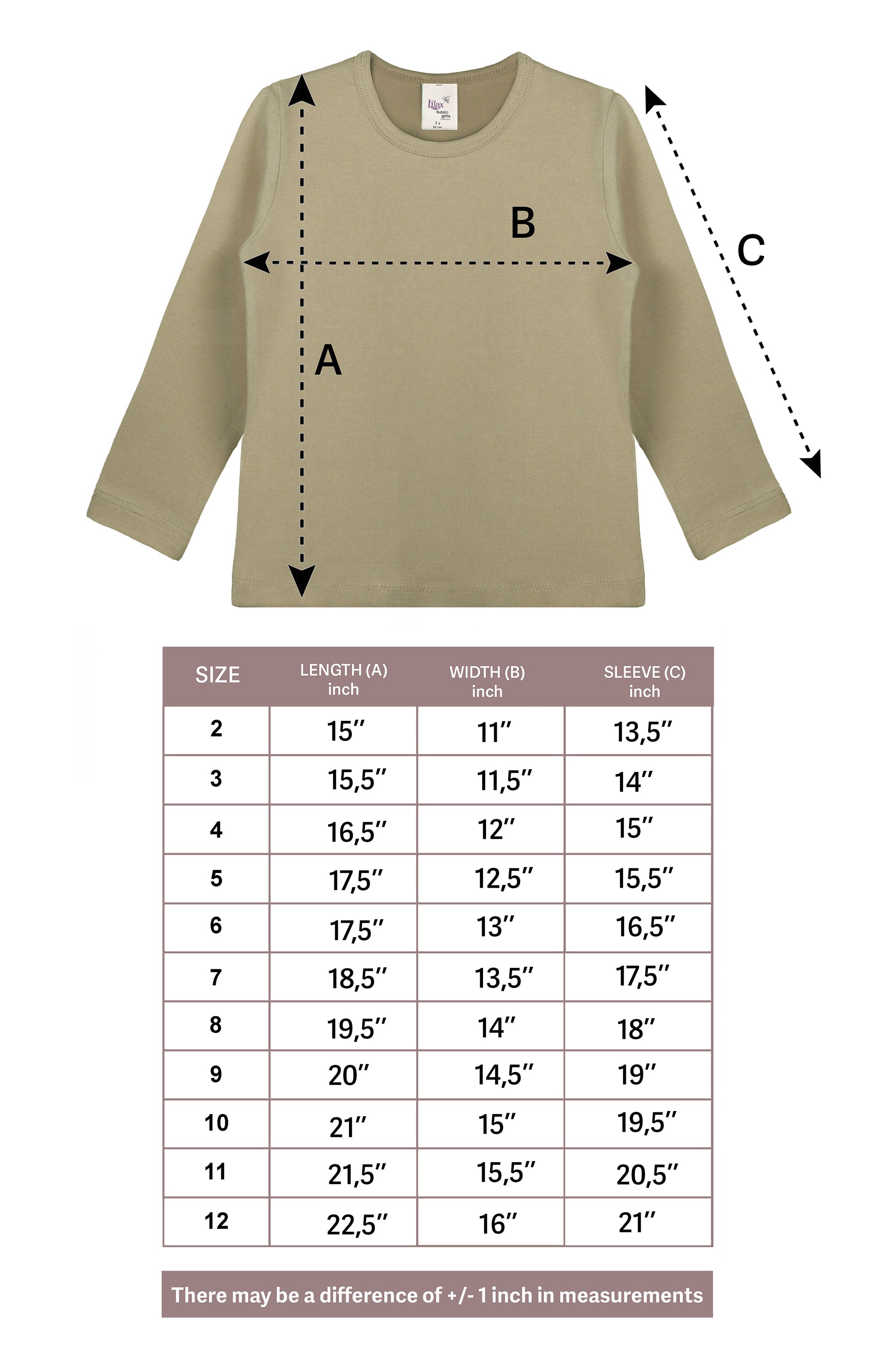 Girls' Basic Crewneck Long Sleeve Cotton T-Shirt / 11-12 Years LILAX