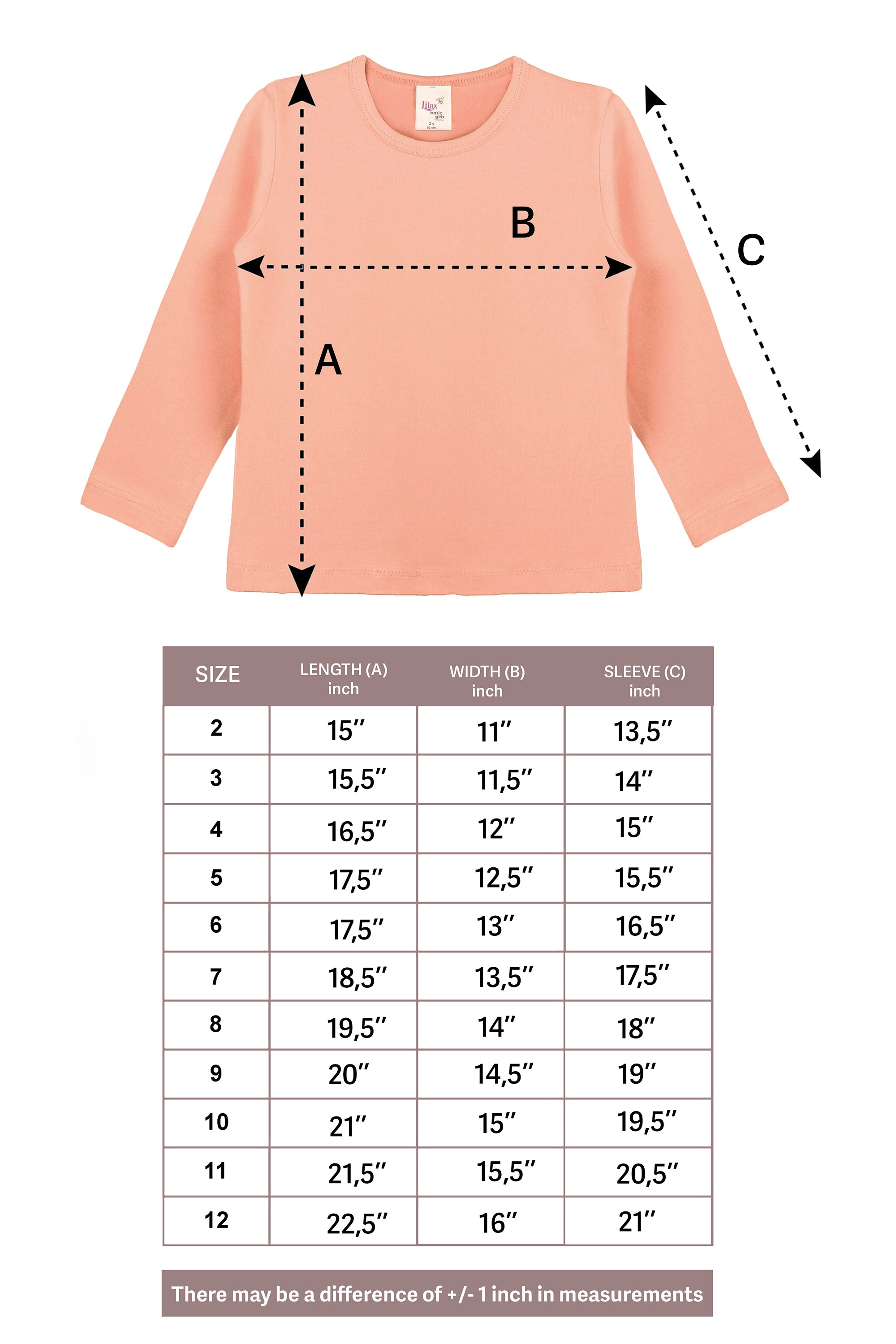 Girls' Basic Crewneck Long Sleeve Cotton T-Shirt / 11-12 Years LILAX