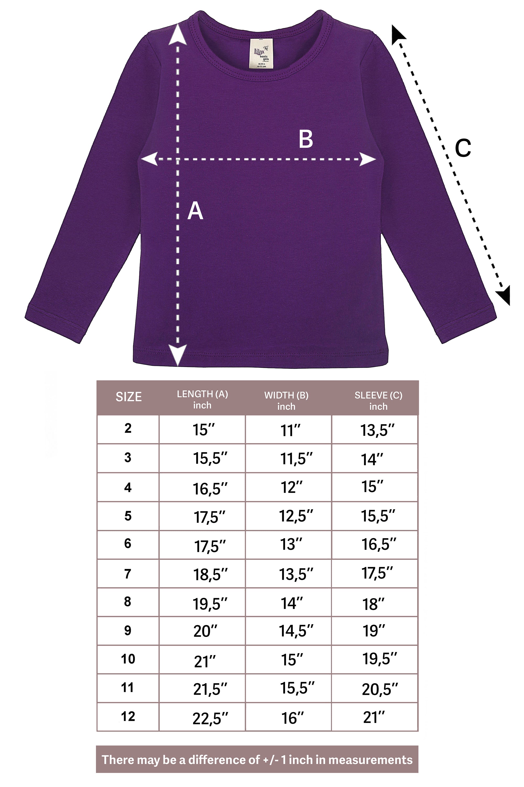 Girls' Basic Crewneck Long Sleeve Cotton T-Shirt / 11-12 Years LILAX