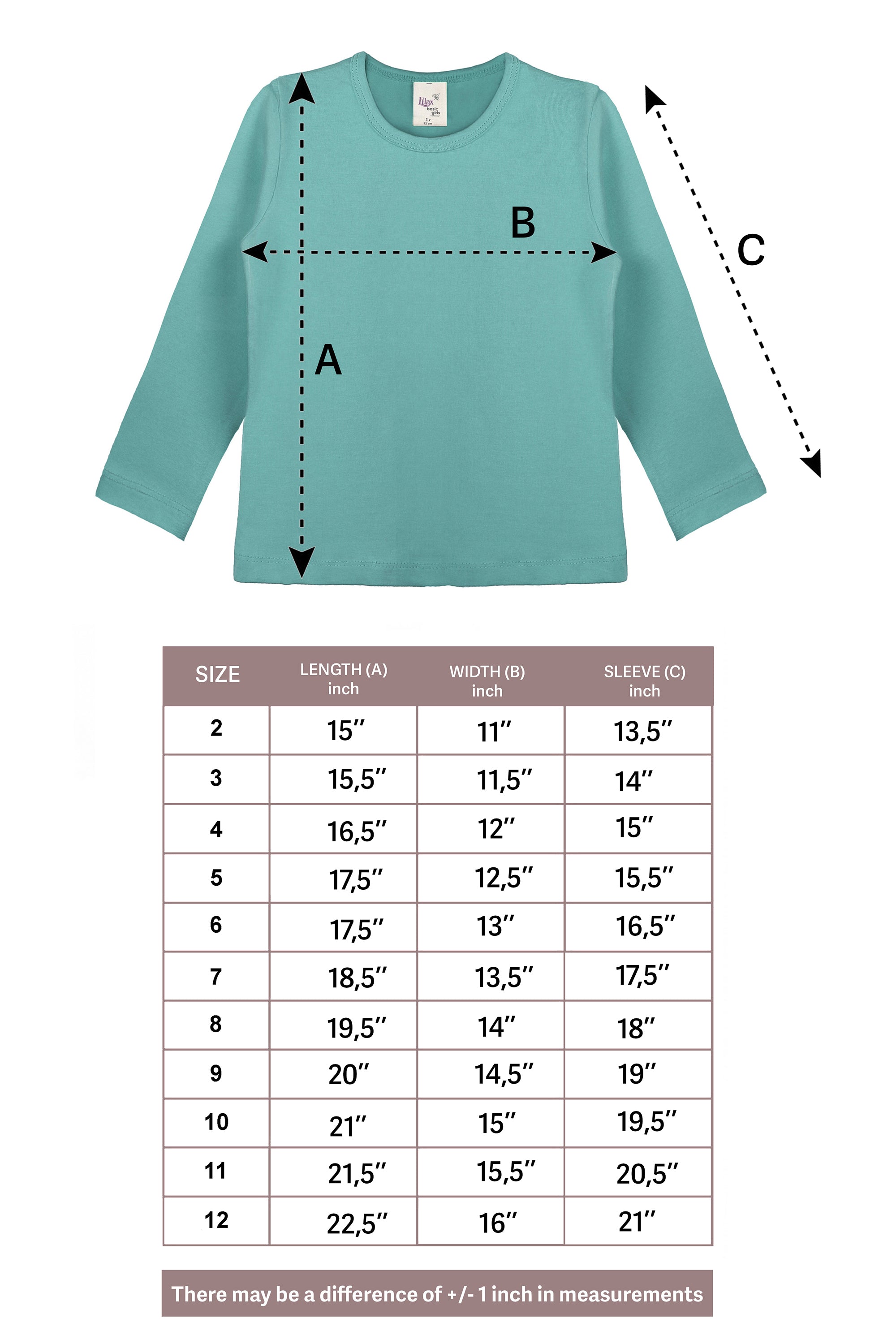 Girls' Basic Crewneck Long Sleeve Cotton T-Shirt / 11-12 Years LILAX