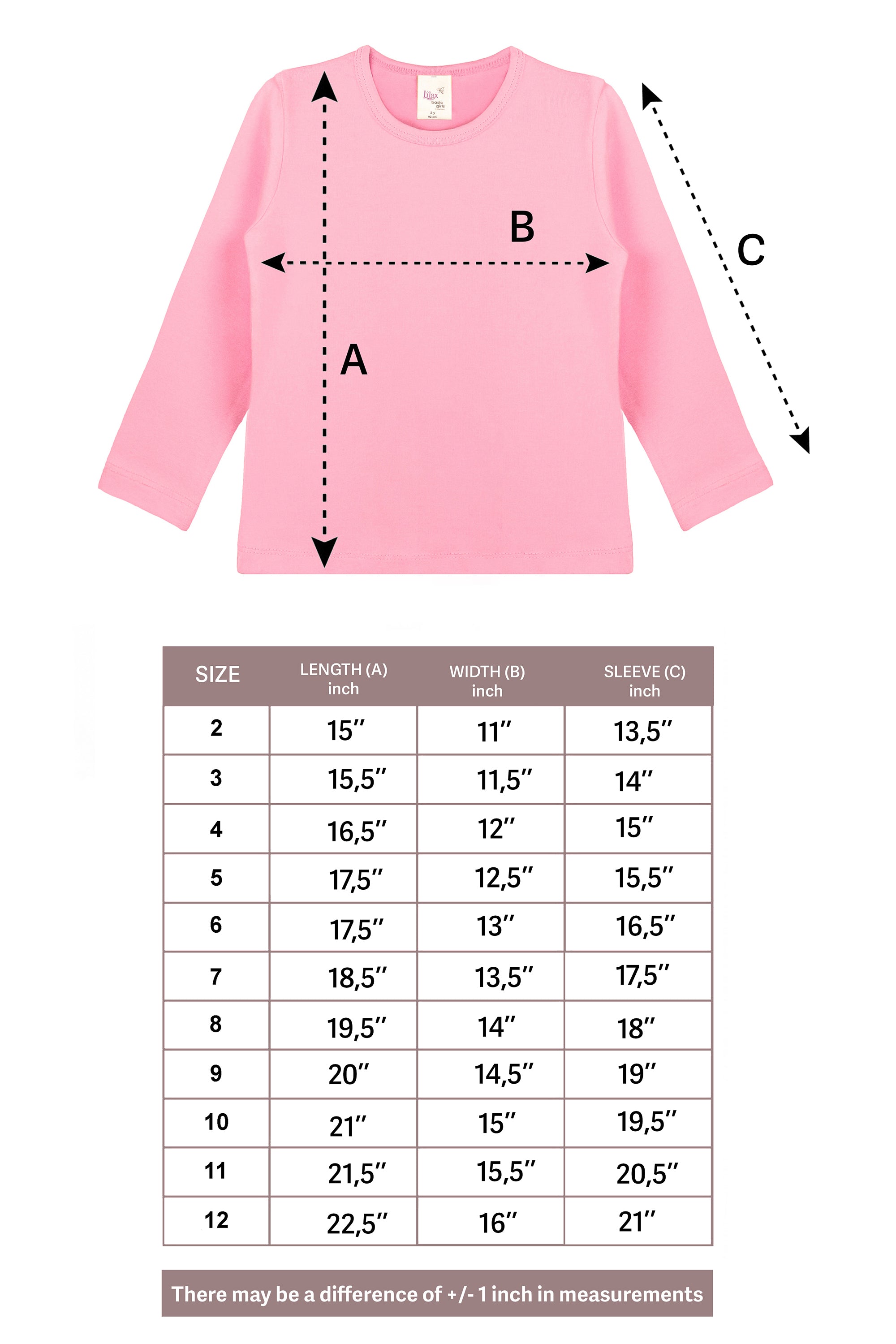 Girls' Basic Crewneck Long Sleeve Cotton T-Shirt / 11-12 Years LILAX